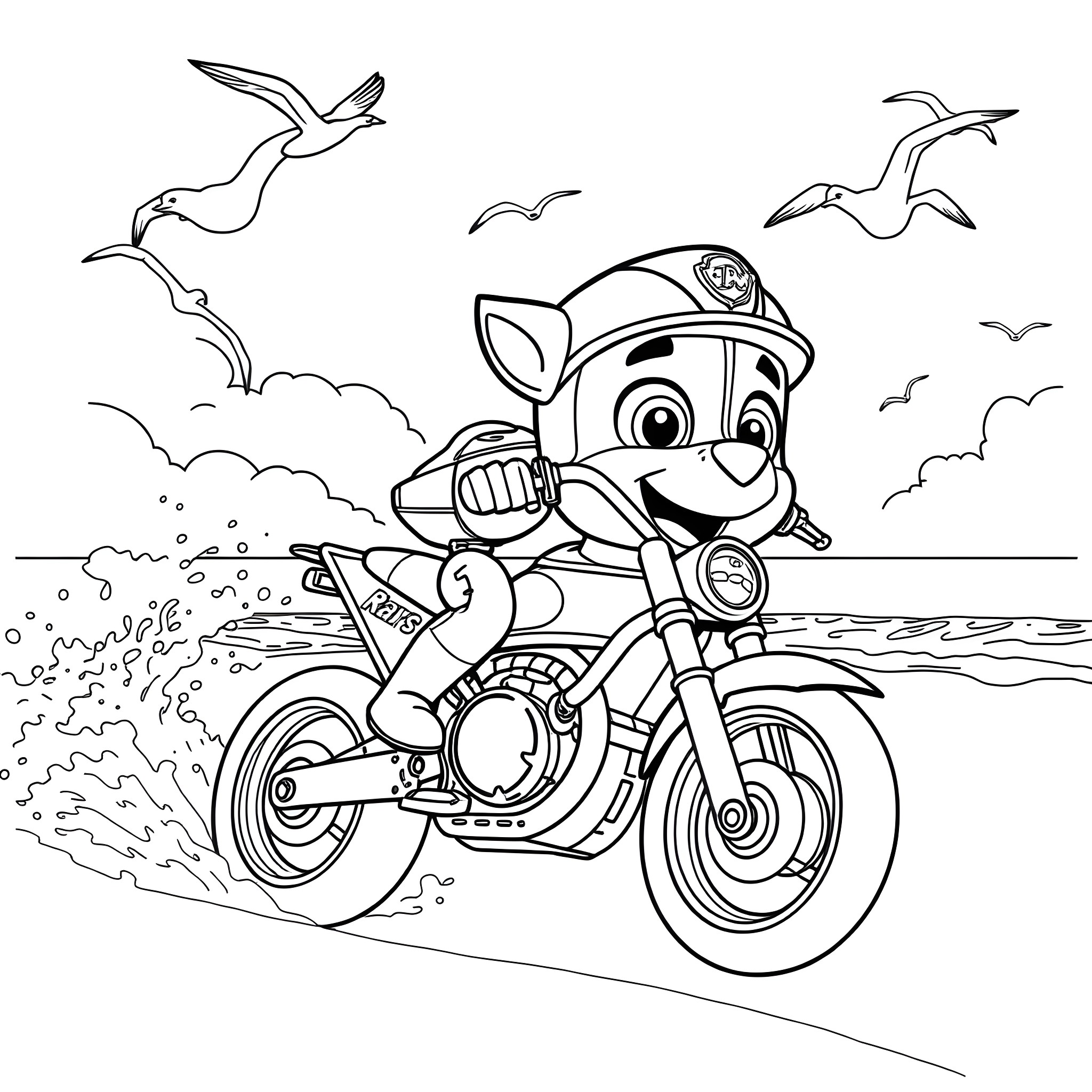 Rubble riding motorcycle on the beach with seagulls Coloring Page (free black-and-white line drawing printable PDF for all, from beginners to advanced learners, including children, teens, adults, and seniors)