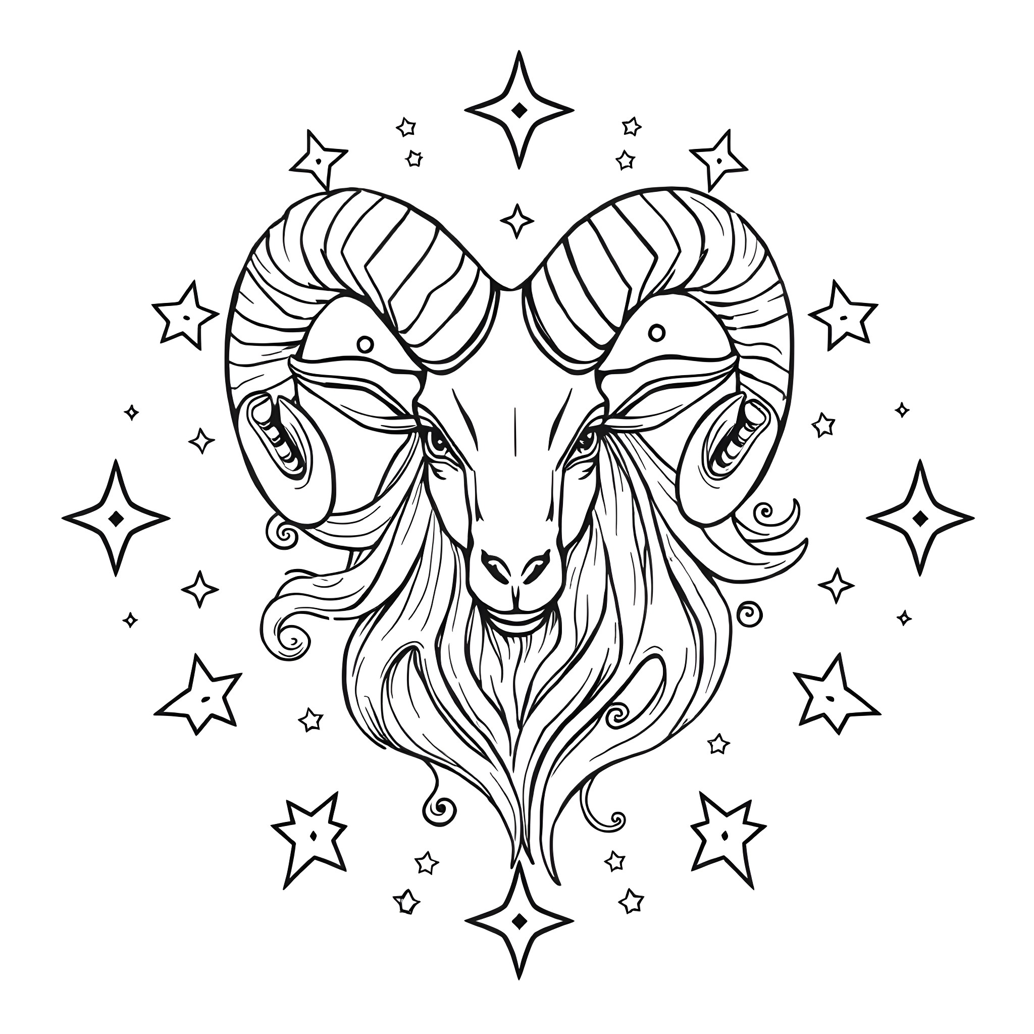 Aries - Mystical Ram Amidst Celestial Swirls Coloring Page (free black-and-white line drawing printable PDF for all, from beginners to advanced learners, including children, teens, adults, and seniors)