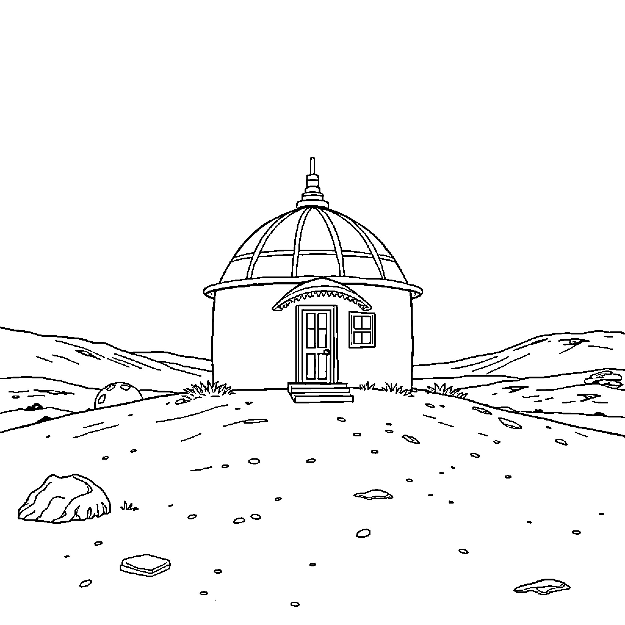 Home in the Scenic Hills Coloring Page (free black-and-white line drawing printable PDF for all, from beginners to advanced learners, including children, teens, adults, and seniors)