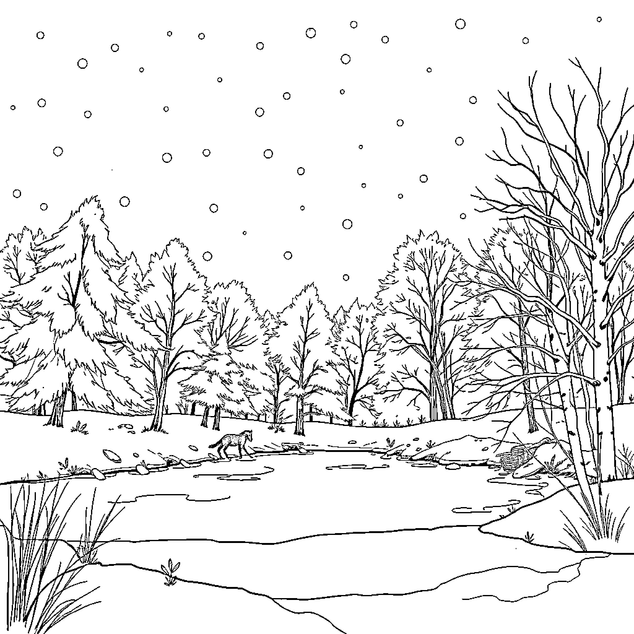 Winter wonderland in the snowy forest Coloring Page (free black-and-white line drawing printable PDF for all, from beginners to advanced learners, including children, teens, adults, and seniors)