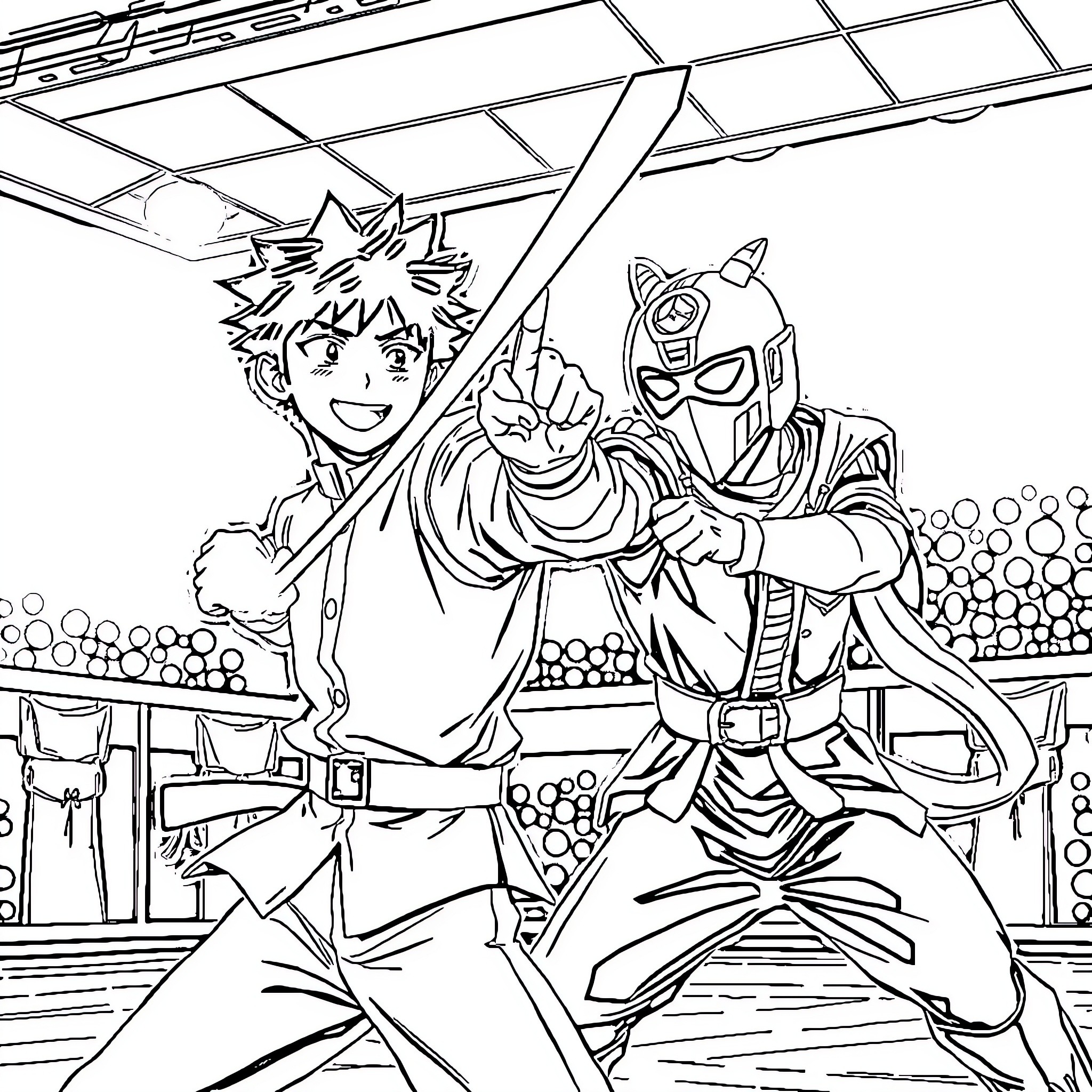 Gai heroes battling in the arena Coloring Page (free black-and-white line drawing printable PDF for all, from beginners to advanced learners, including children, teens, adults, and seniors)