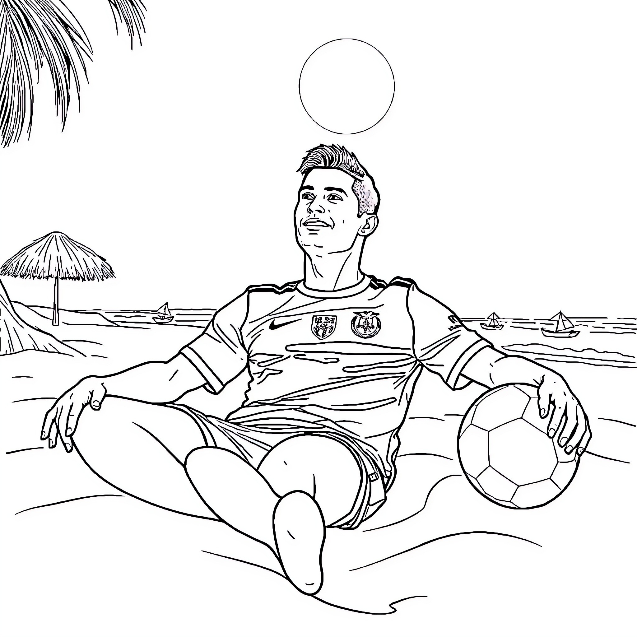 Cristiano Ronaldo enjoying a day at the beach Coloring Page (free black-and-white line drawing printable PDF for all, from beginners to advanced learners, including children, teens, adults, and seniors)