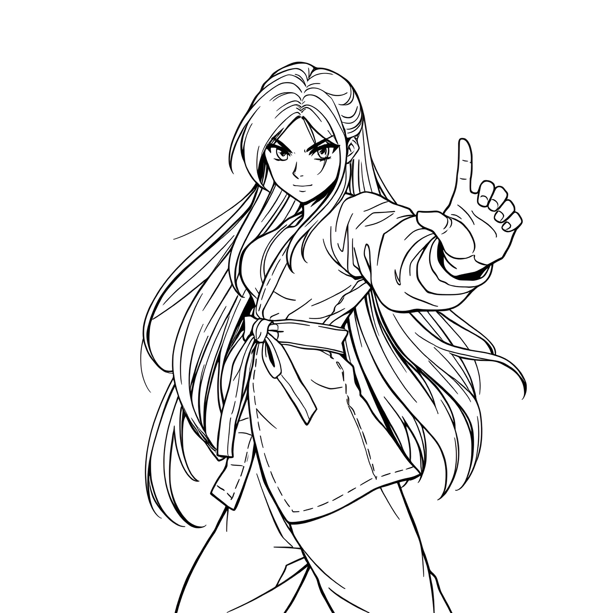 Tifa in Action with Confident Pose Coloring Page (free black-and-white line drawing printable PDF for all, from beginners to advanced learners, including children, teens, adults, and seniors)