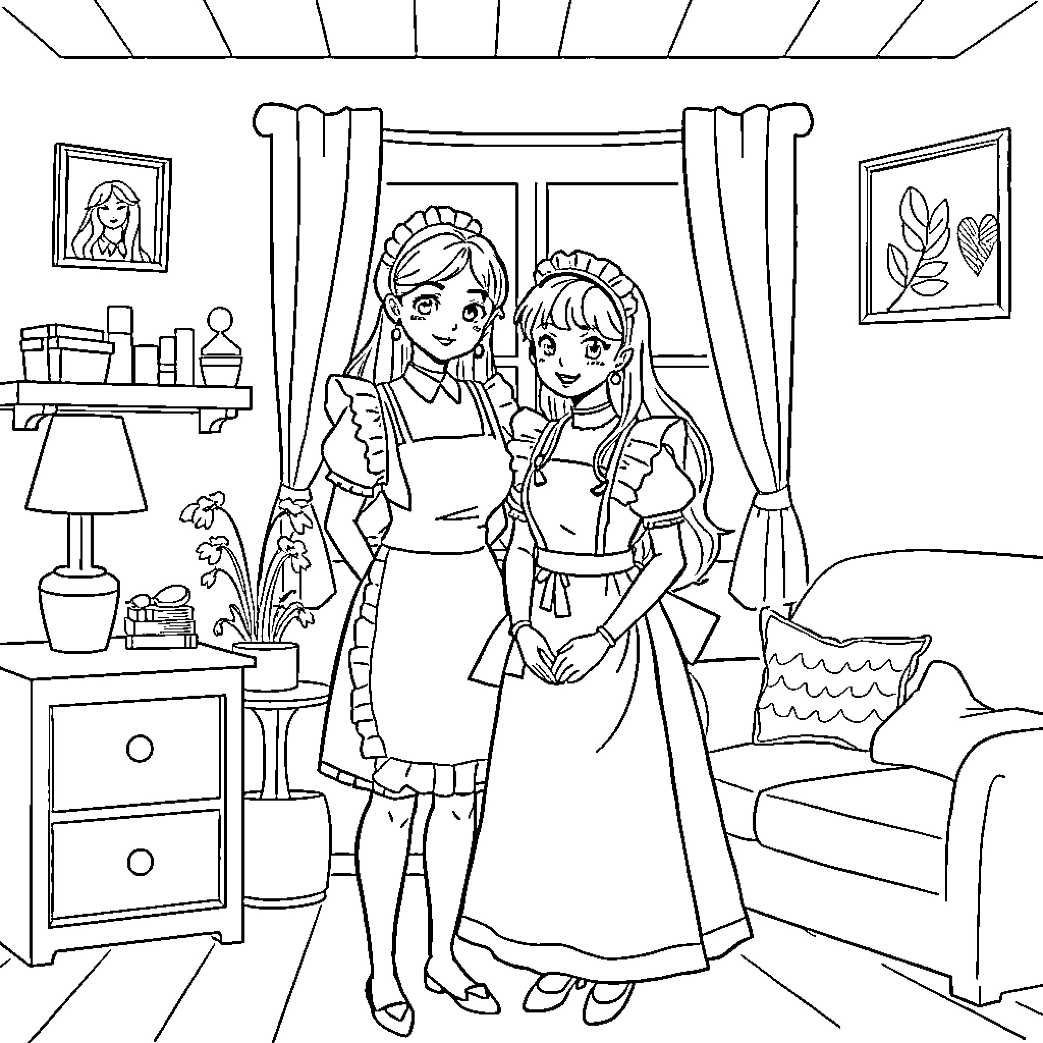 Kim and her friend in a cozy room Coloring Page (free black-and-white line drawing printable PDF for all, from beginners to advanced learners, including children, teens, adults, and seniors)