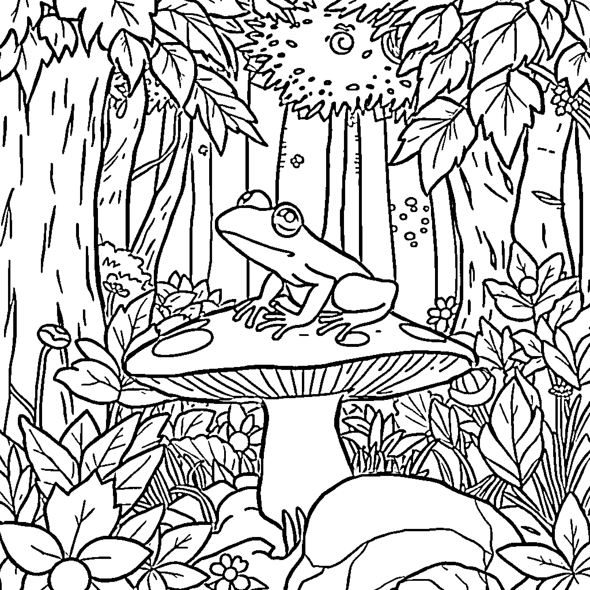Frog resting on a mushroom in the forest Coloring Page (free black-and-white line drawing printable PDF for all, from beginners to advanced learners, including children, teens, adults, and seniors)