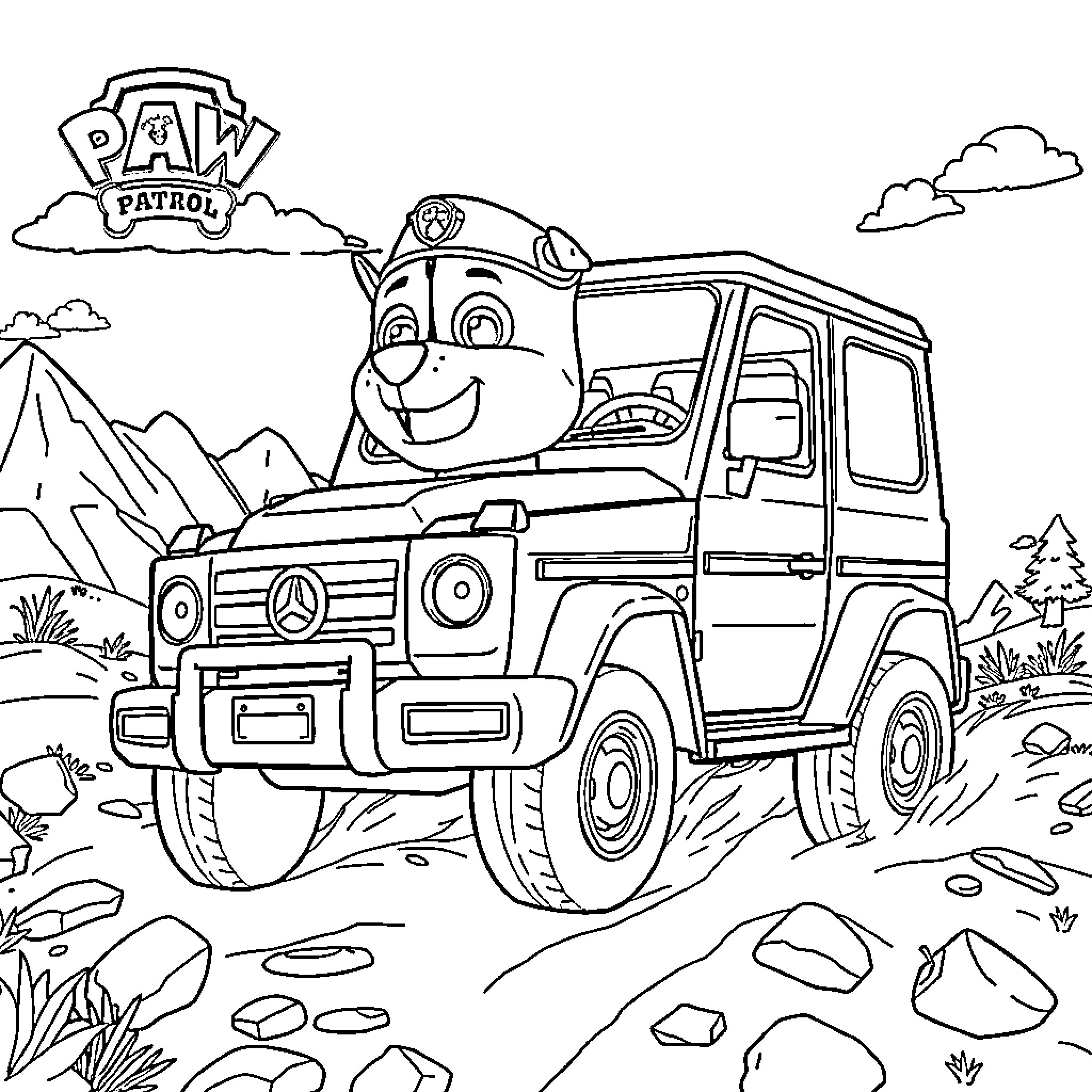 Rocky Paw Patrol Adventures in the Wilderness Coloring Page (free black-and-white line drawing printable PDF for all, from beginners to advanced learners, including children, teens, adults, and seniors)