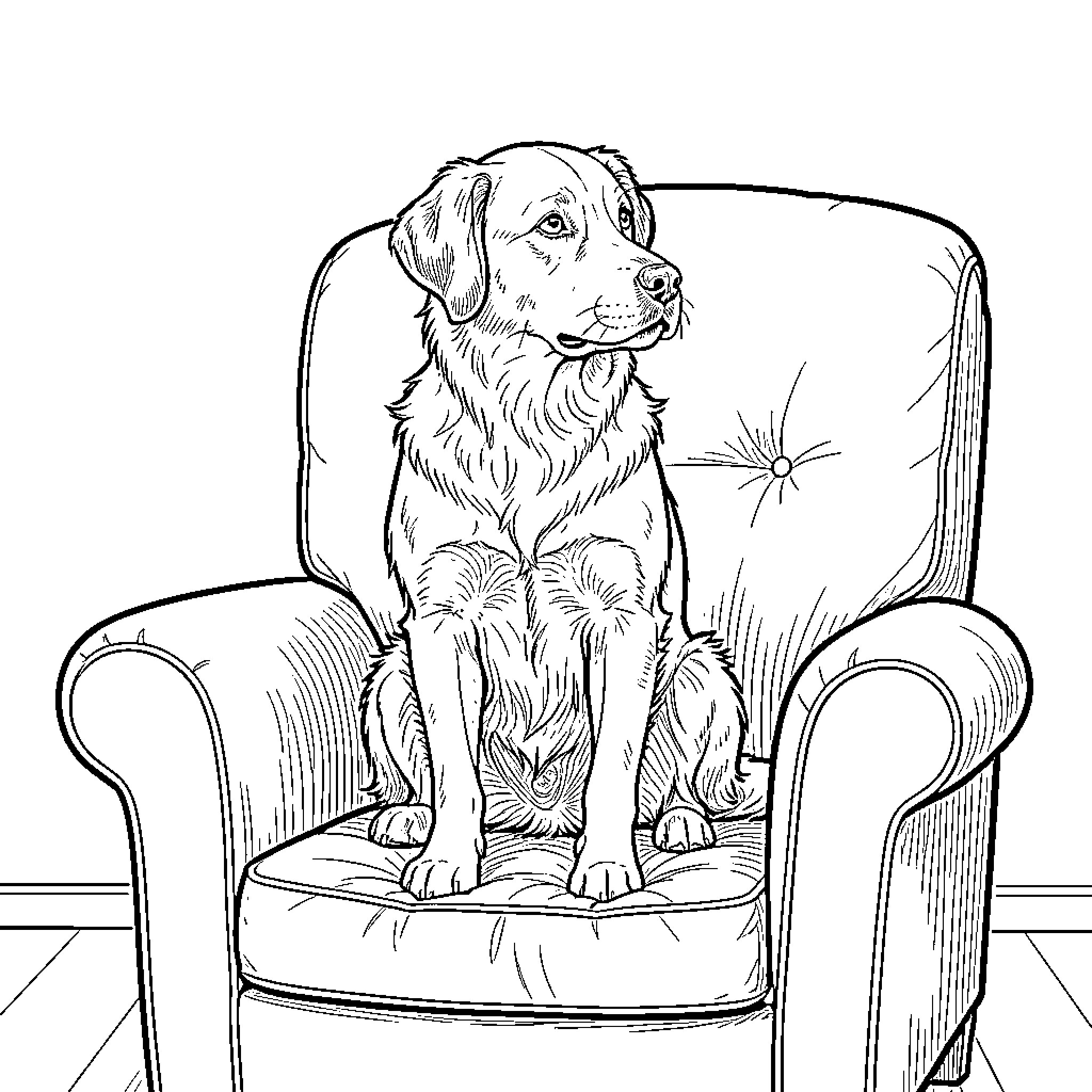 Perro sentado tranquilamente en un sillón elegante Coloring Page (free black-and-white line drawing printable PDF for all, from beginners to advanced learners, including children, teens, adults, and seniors)