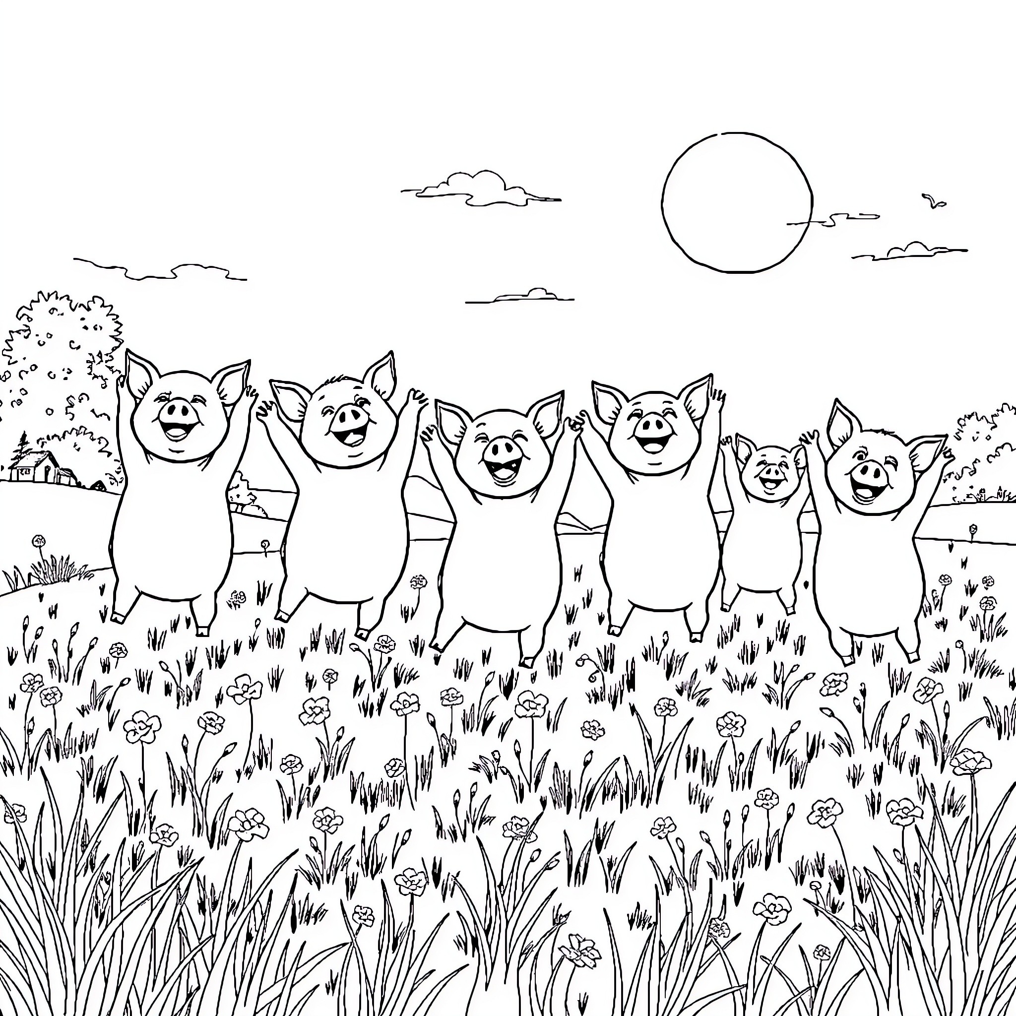 Pigs enjoying a sunny day in the meadow Coloring Page (free black-and-white line drawing printable PDF for all, from beginners to advanced learners, including children, teens, adults, and seniors)
