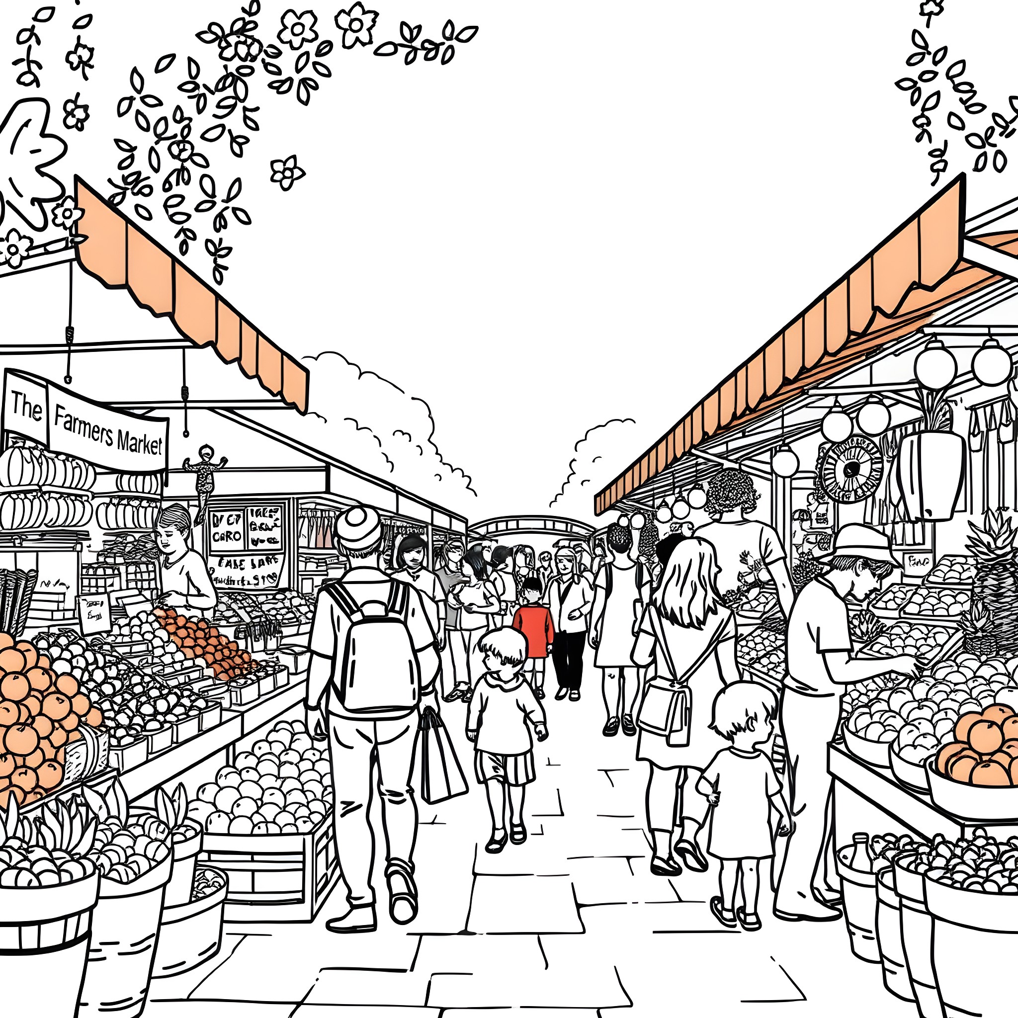 Farmers Market Bustling with Activity and Colorful Displays Coloring Page (free black-and-white line drawing printable PDF for all, from beginners to advanced learners, including children, teens, adults, and seniors)