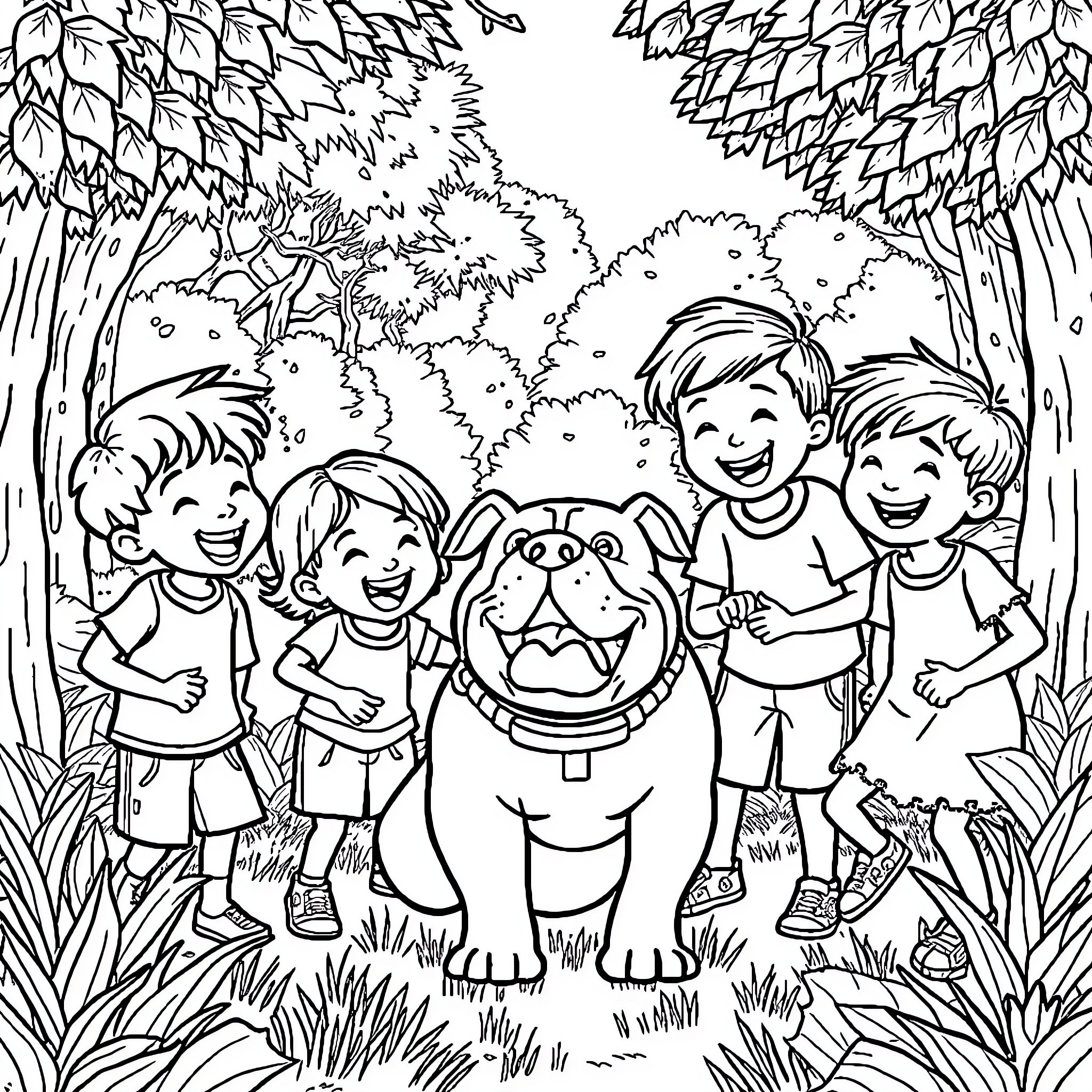 Kid friends exploring the forest with their pet Coloring Page (free black-and-white line drawing printable PDF for all, from beginners to advanced learners, including children, teens, adults, and seniors)