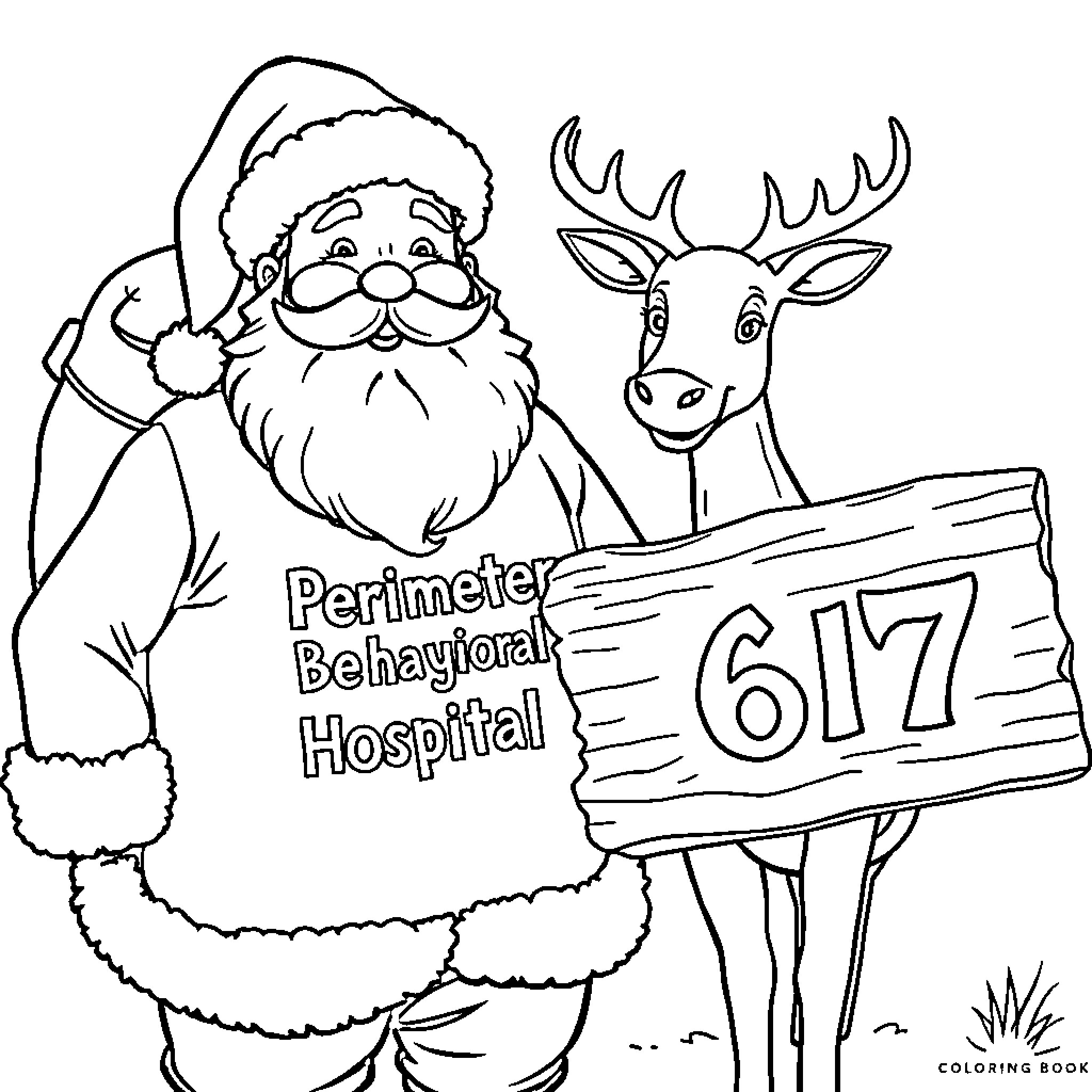 Santa visiting the Perimeter Behavioral Hospital Coloring Page (free black-and-white line drawing printable PDF for all, from beginners to advanced learners, including children, teens, adults, and seniors)
