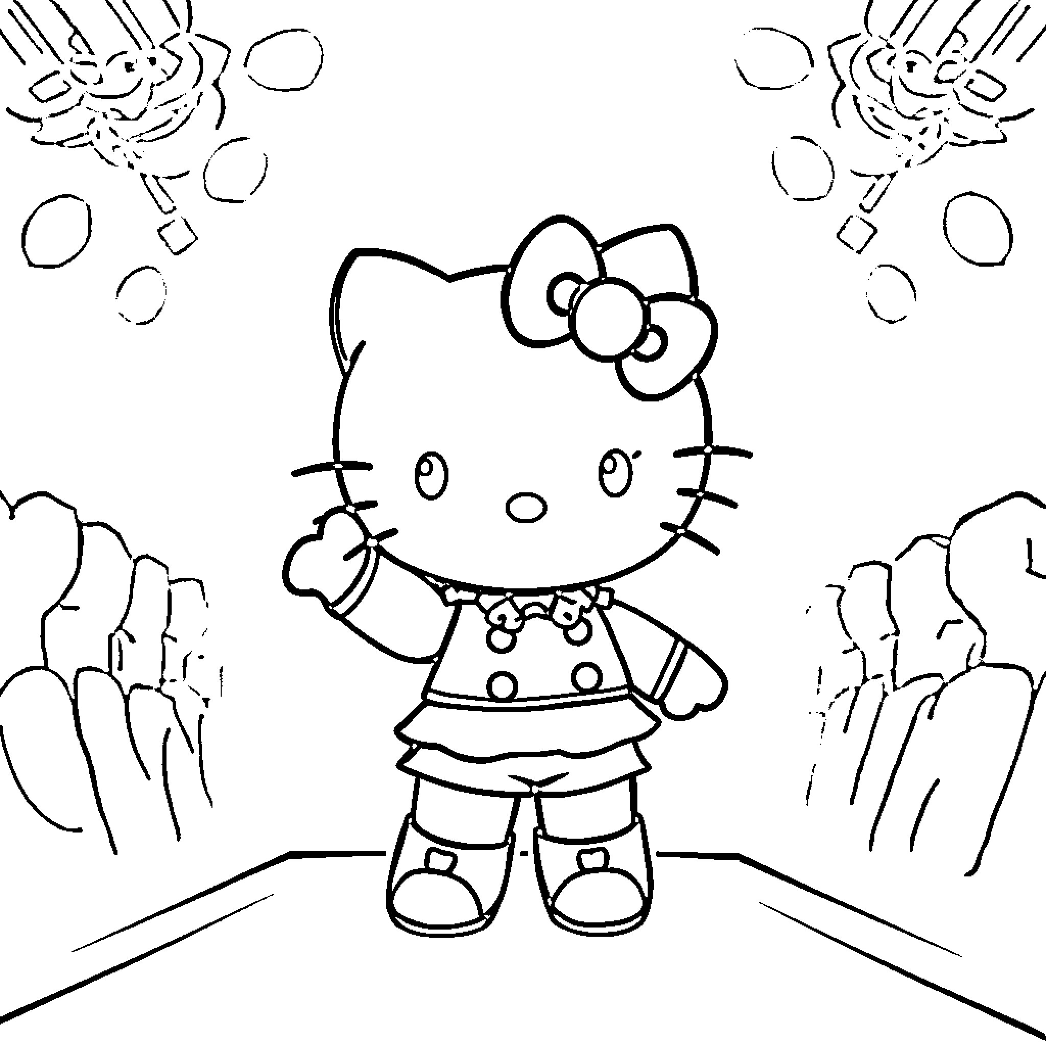 Hello Kitty playing happily on the playground Coloring Page (free black-and-white line drawing printable PDF for all, from beginners to advanced learners, including children, teens, adults, and seniors)