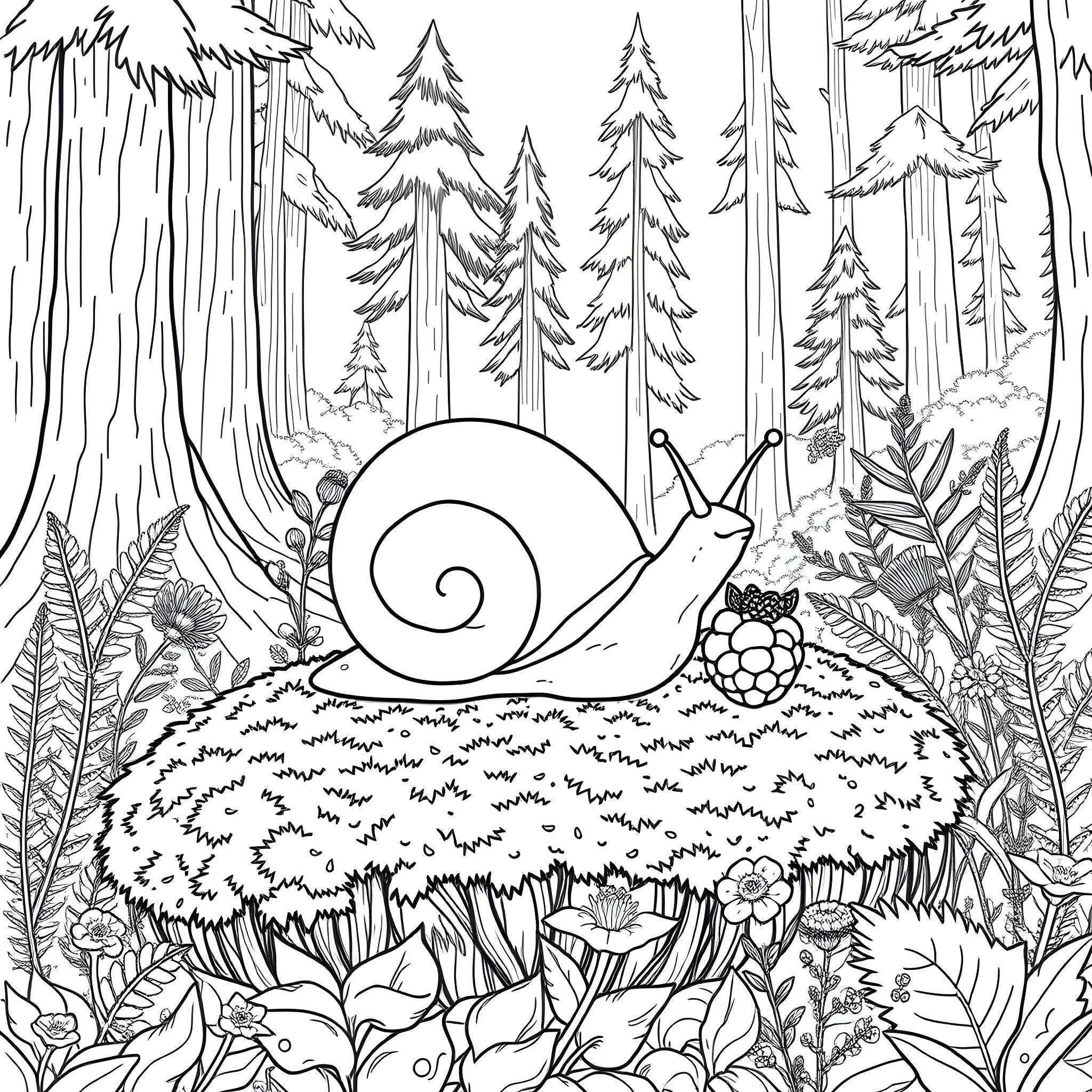 Snail amidst forest flora and fauna Coloring Page (free black-and-white line drawing printable PDF for all, from beginners to advanced learners, including children, teens, adults, and seniors)