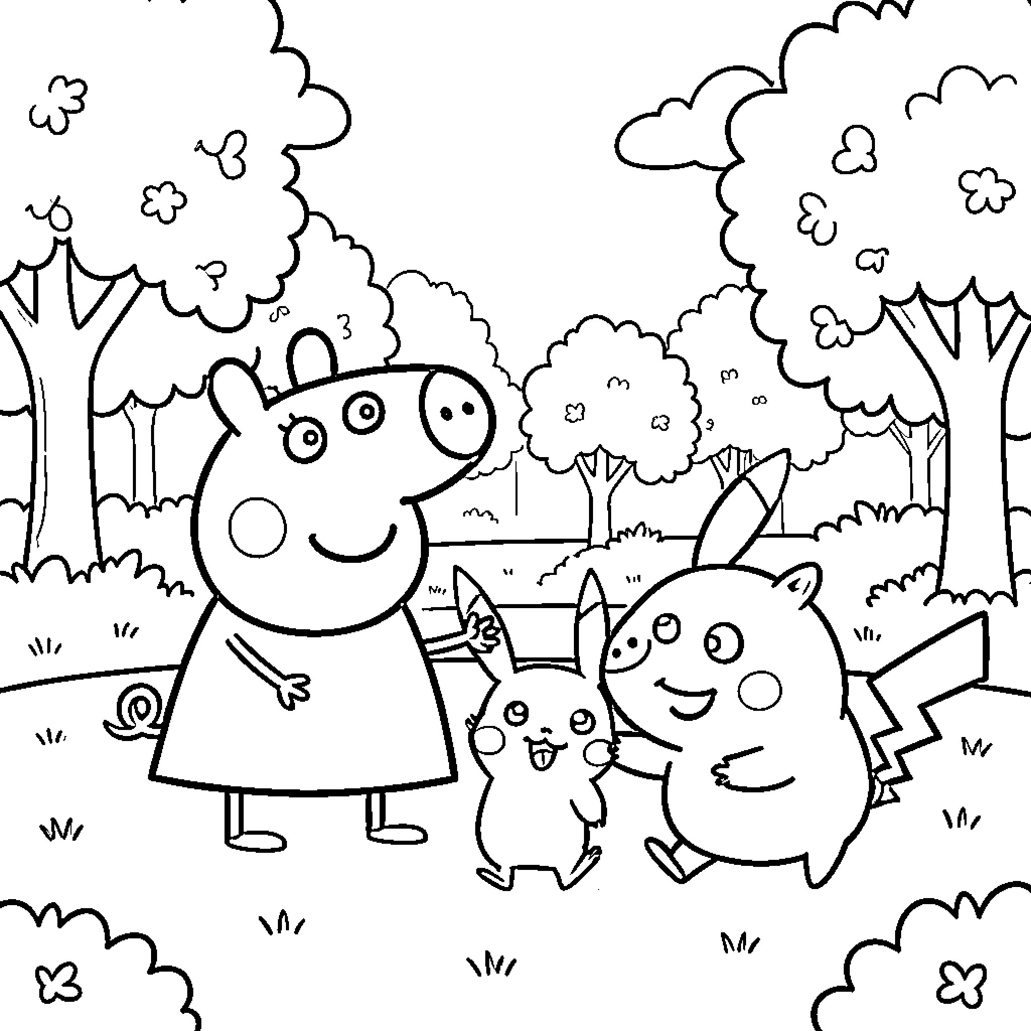 Peppa standing and smiling with animal friends outdoors Coloring Page (free black-and-white line drawing printable PDF for all, from beginners to advanced learners, including children, teens, adults, and seniors)