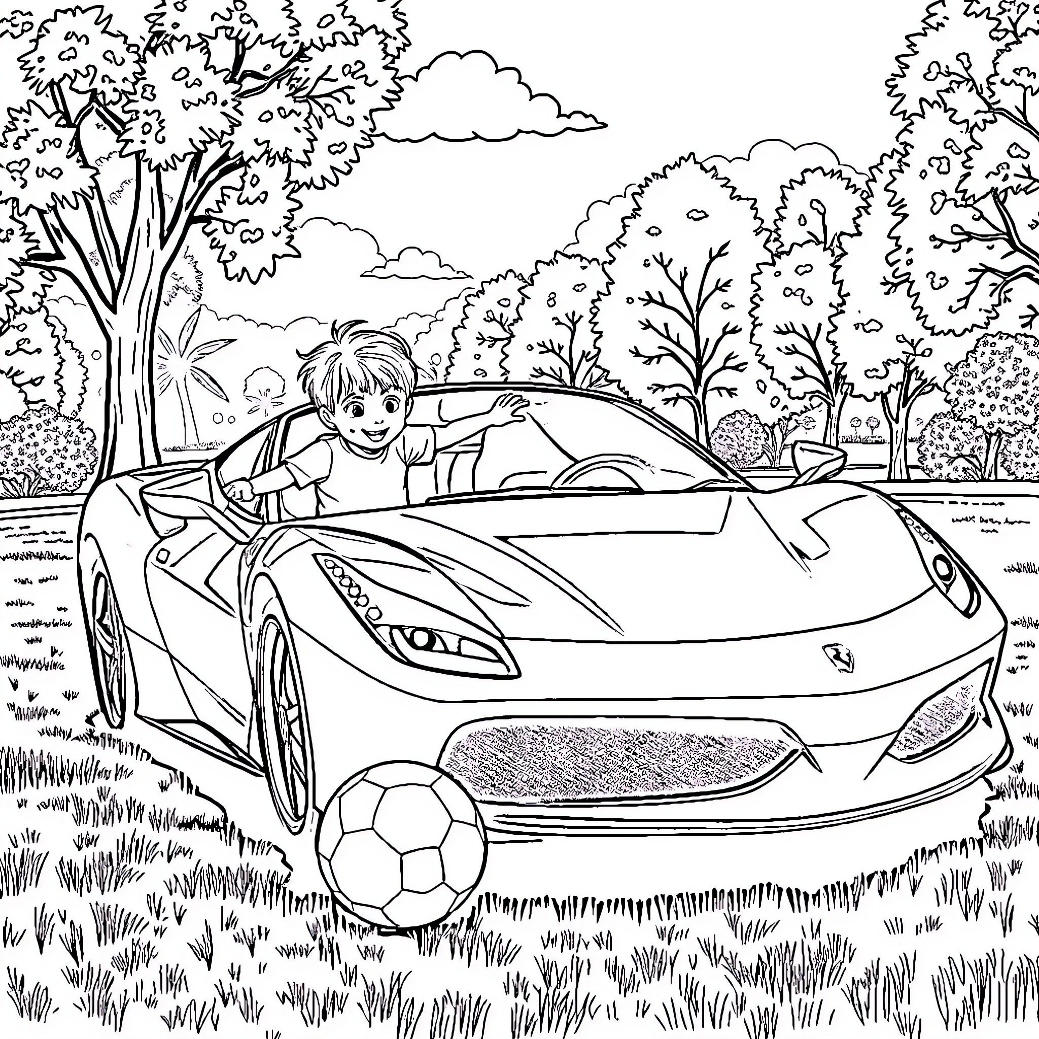 Ferrari sports car driven by a happy child in the park Coloring Page (free black-and-white line drawing printable PDF for all, from beginners to advanced learners, including children, teens, adults, and seniors)
