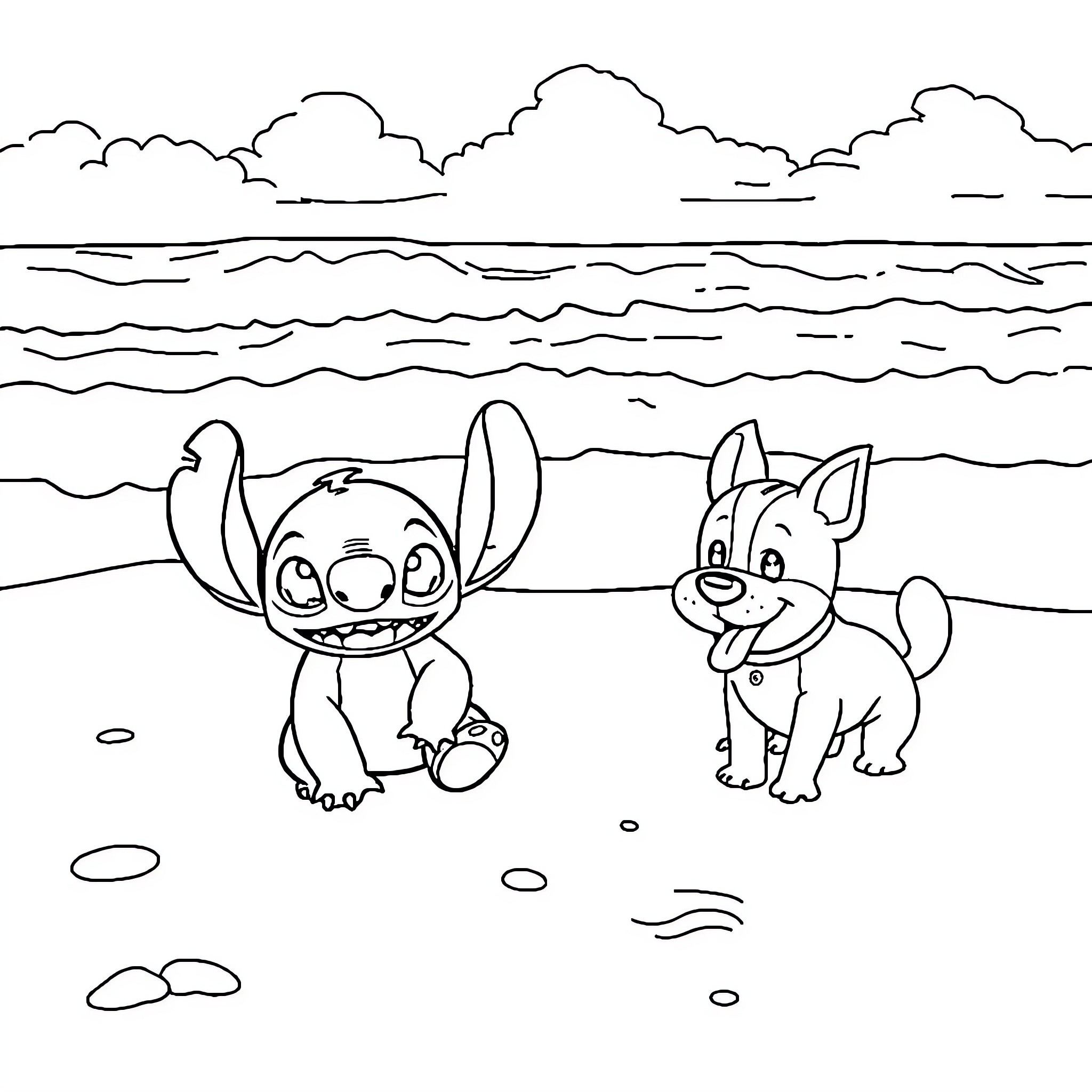 Stitch and Puppy Exploring the Beach Coloring Page (free black-and-white line drawing printable PDF for all, from beginners to advanced learners, including children, teens, adults, and seniors)