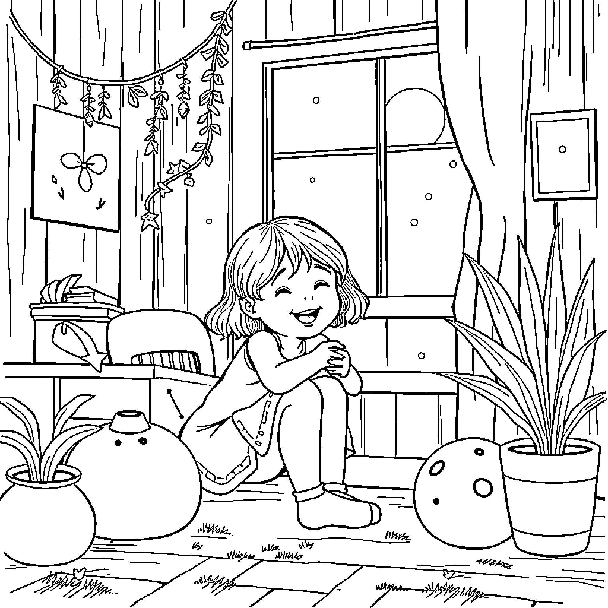 Girl playing in her cozy home Coloring Page (free black-and-white line drawing printable PDF for all, from beginners to advanced learners, including children, teens, adults, and seniors)