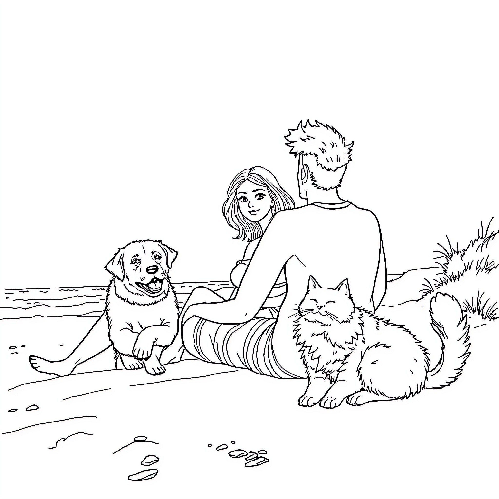 Woman enjoying time with pets on the beach Coloring Page (free black-and-white line drawing printable PDF for all, from beginners to advanced learners, including children, teens, adults, and seniors)