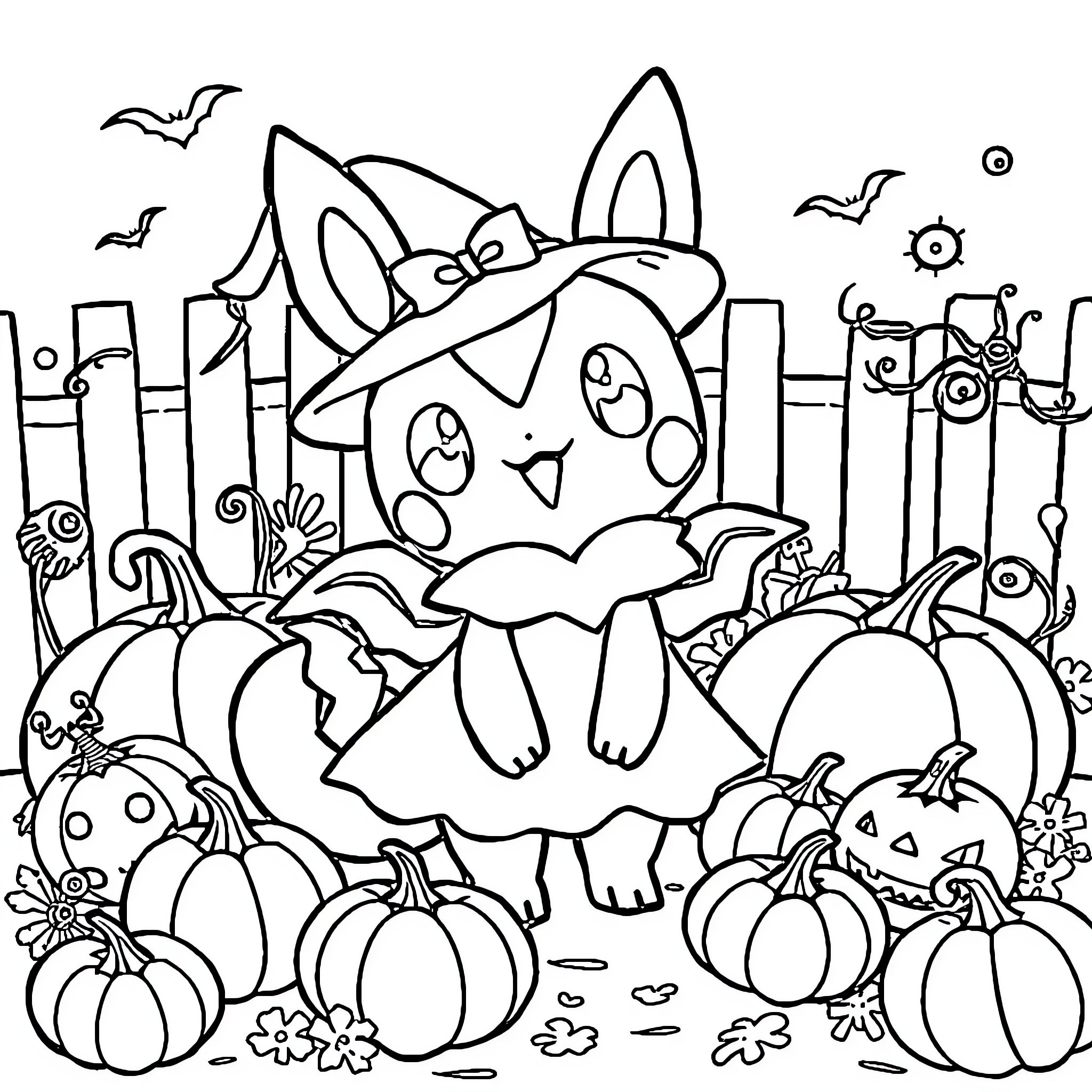 Evoli enjoying a spooky Halloween with pumpkins Coloring Page (free black-and-white line drawing printable PDF for all, from beginners to advanced learners, including children, teens, adults, and seniors)