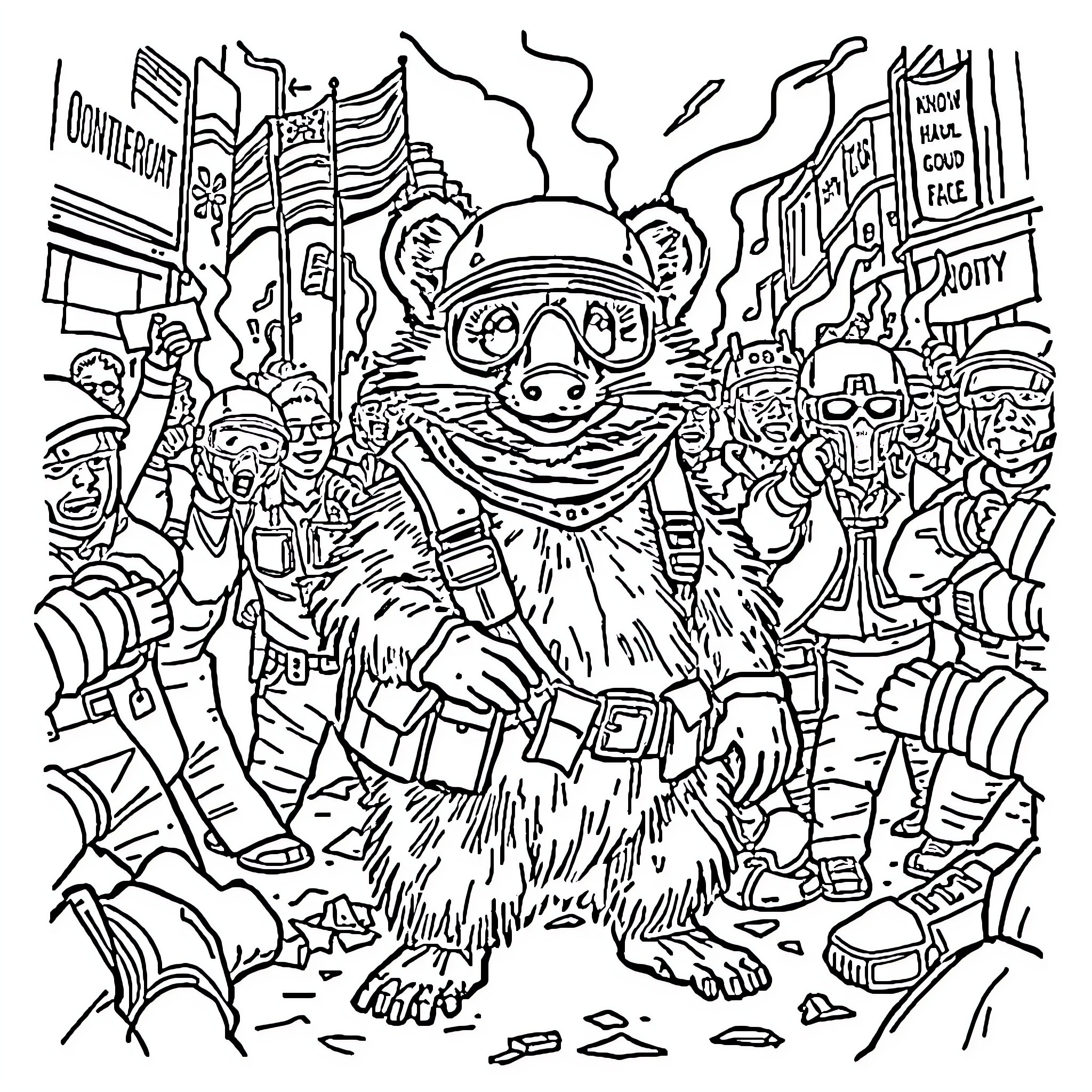Opossum in a lively urban scene Coloring Page (free black-and-white line drawing printable PDF for all, from beginners to advanced learners, including children, teens, adults, and seniors)