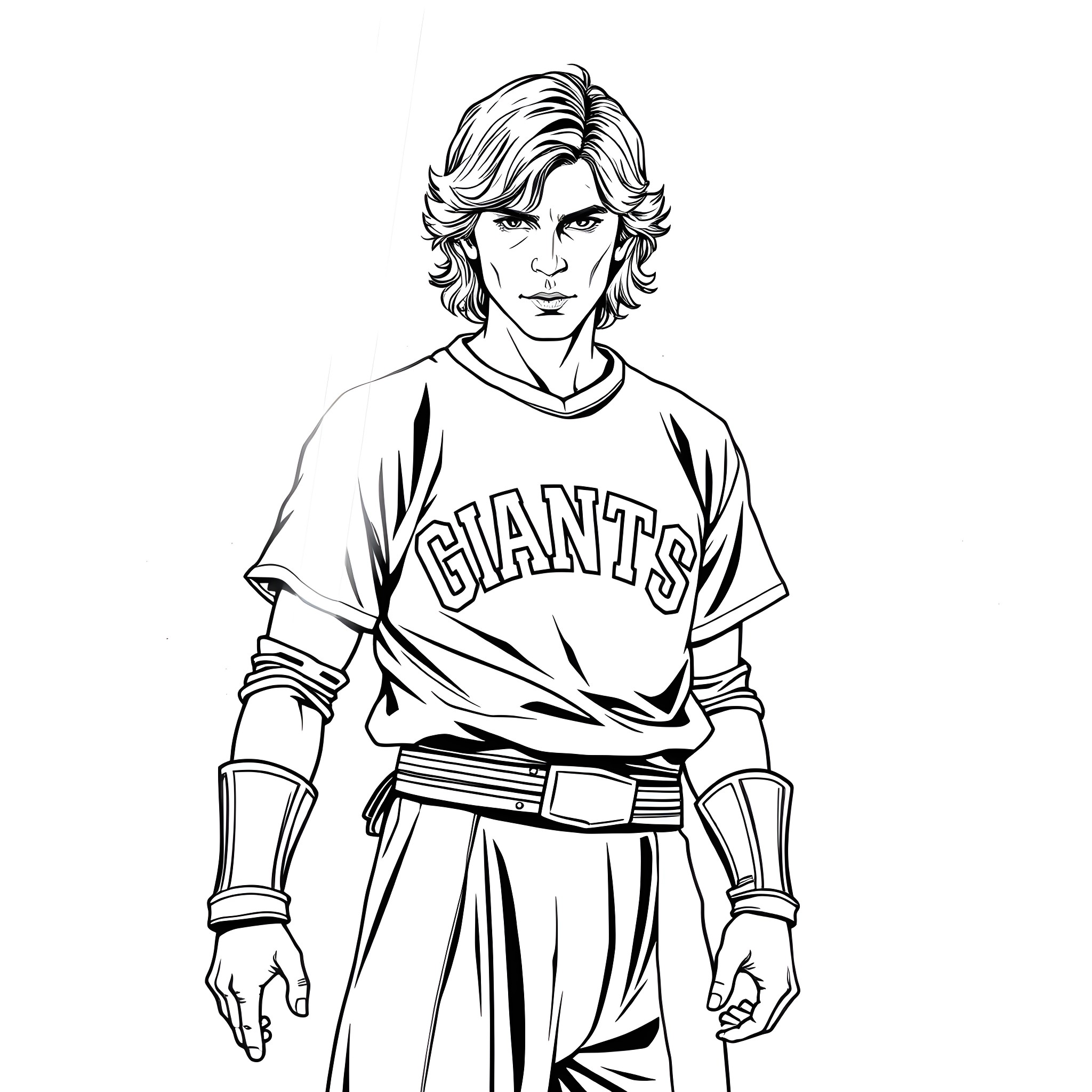 Anakin Skywalker playing baseball for the Giants Coloring Page (free black-and-white line drawing printable PDF for all, from beginners to advanced learners, including children, teens, adults, and seniors)