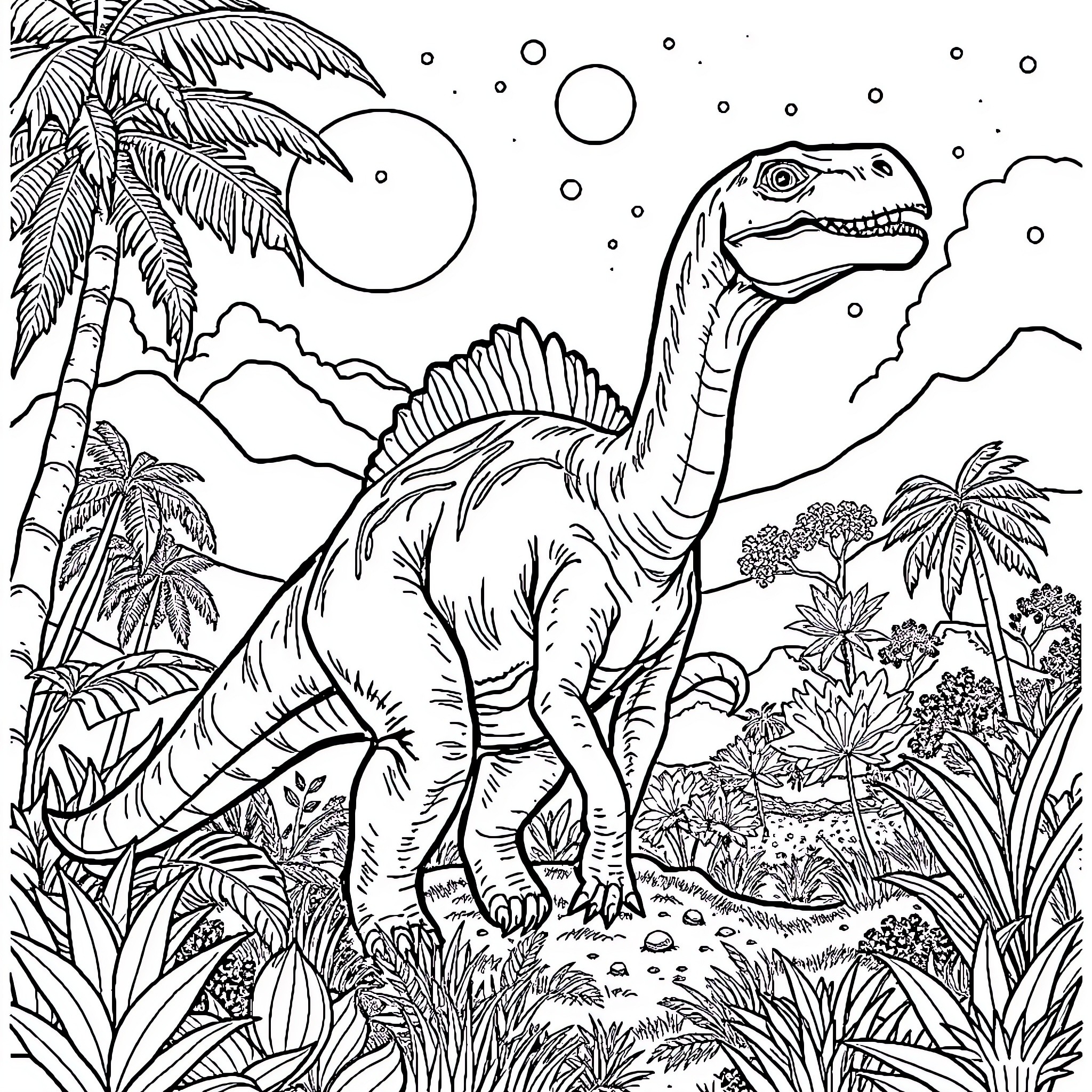 Astrodon exploring the prehistoric landscape Coloring Page (free black-and-white line drawing printable PDF for all, from beginners to advanced learners, including children, teens, adults, and seniors)