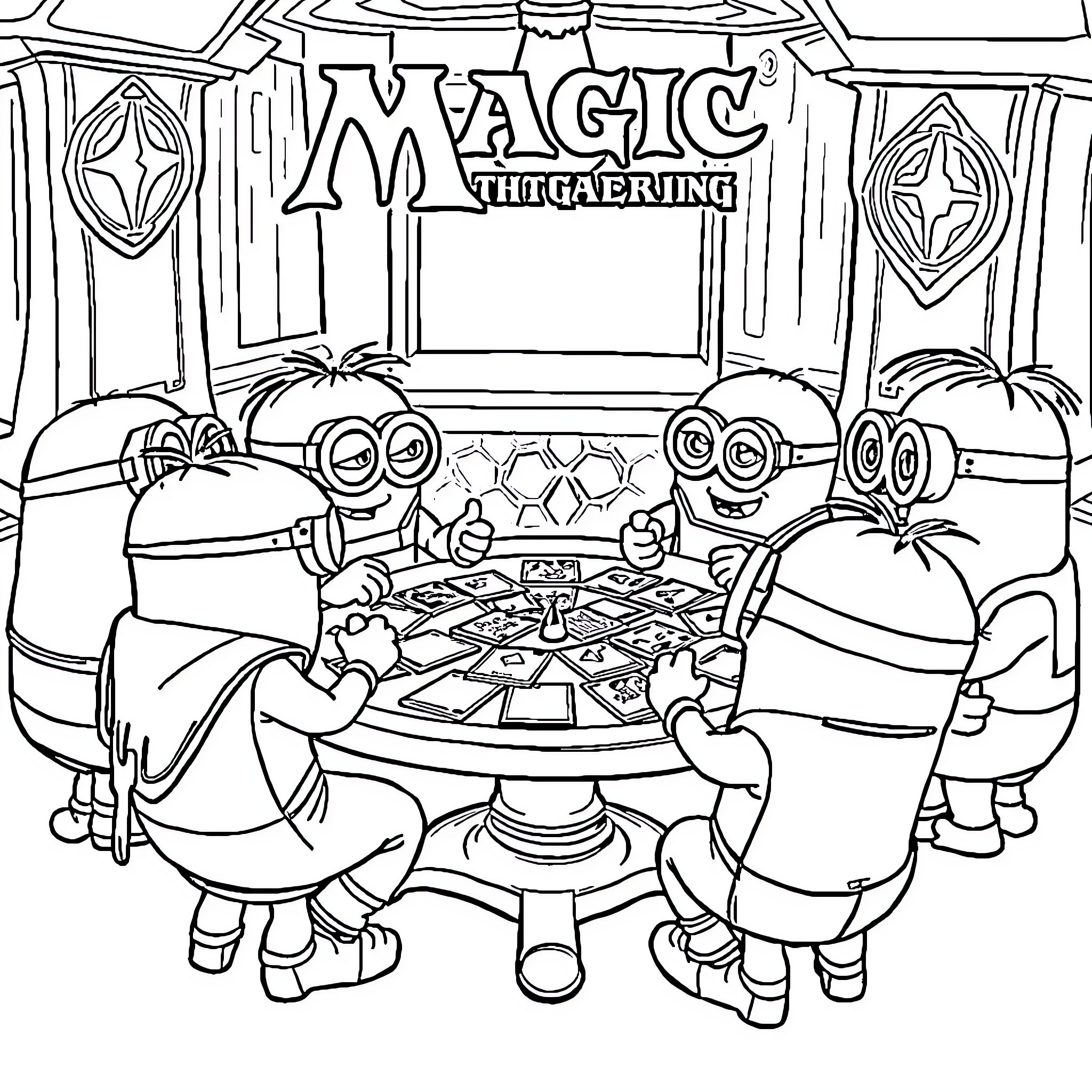 Minions playing Magic: The Gathering game Coloring Page (free black-and-white line drawing printable PDF for all, from beginners to advanced learners, including children, teens, adults, and seniors)