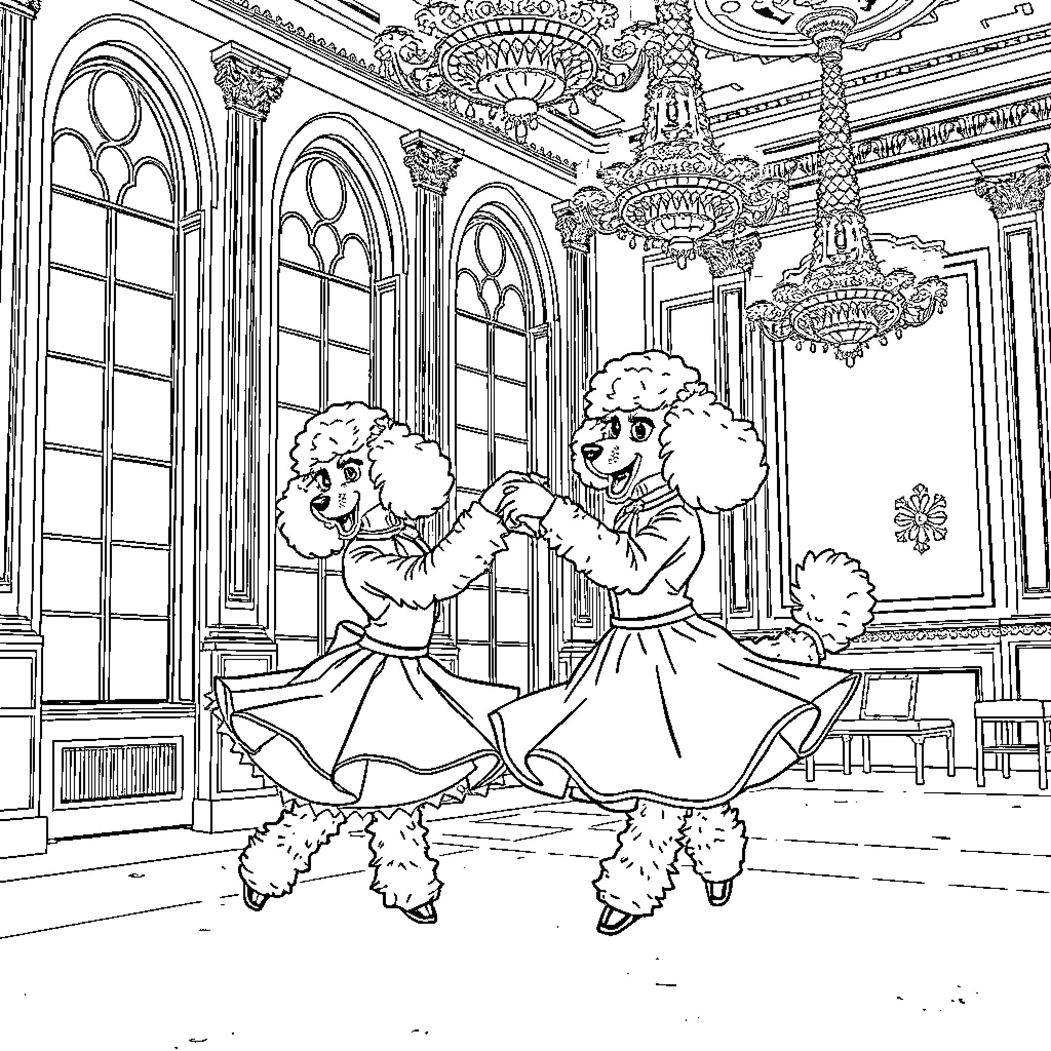 Poodles dancing joyfully in an ornate ballroom Coloring Page (free black-and-white line drawing printable PDF for all, from beginners to advanced learners, including children, teens, adults, and seniors)