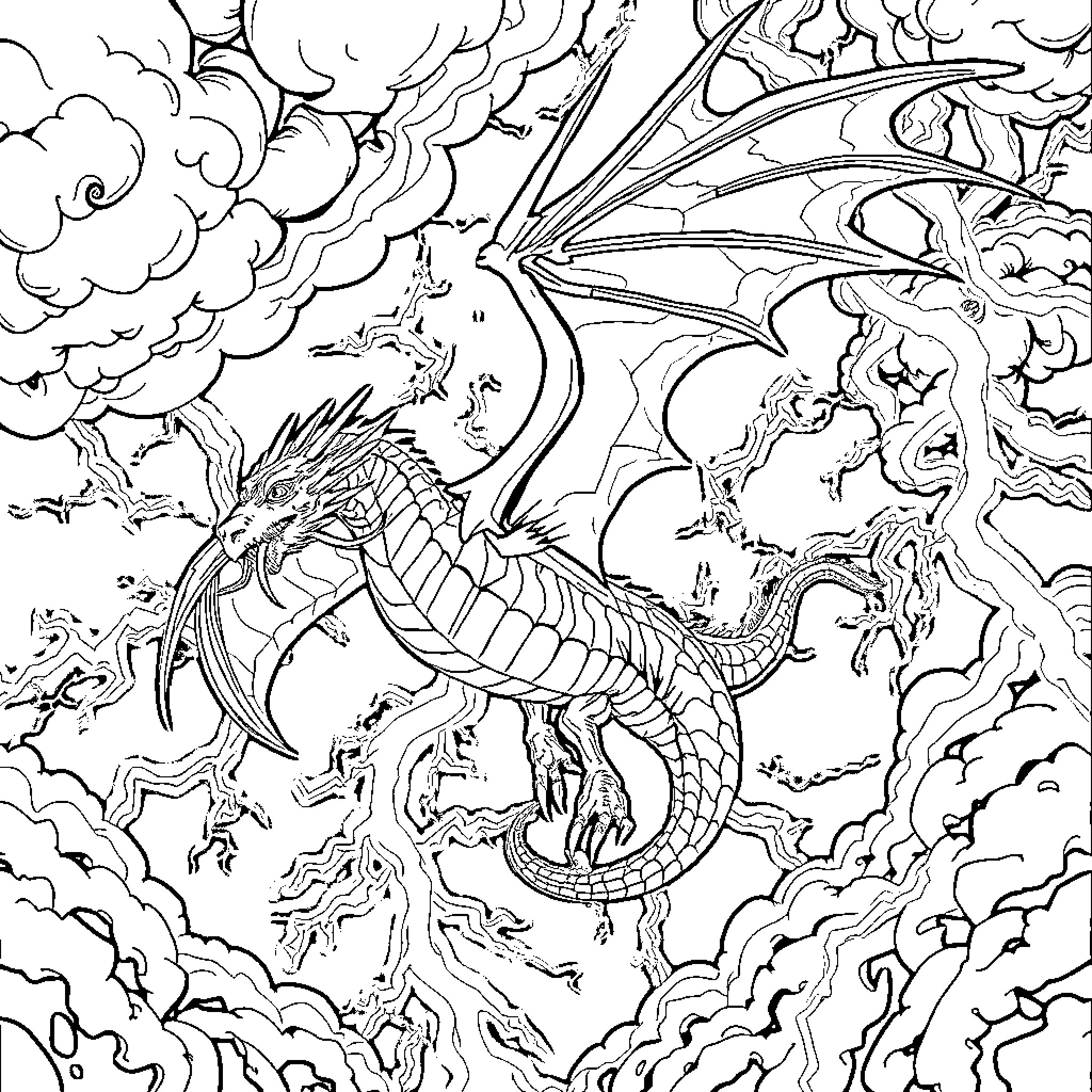 Dragon soaring through the clouded sky Coloring Page (free black-and-white line drawing printable PDF for all, from beginners to advanced learners, including children, teens, adults, and seniors)