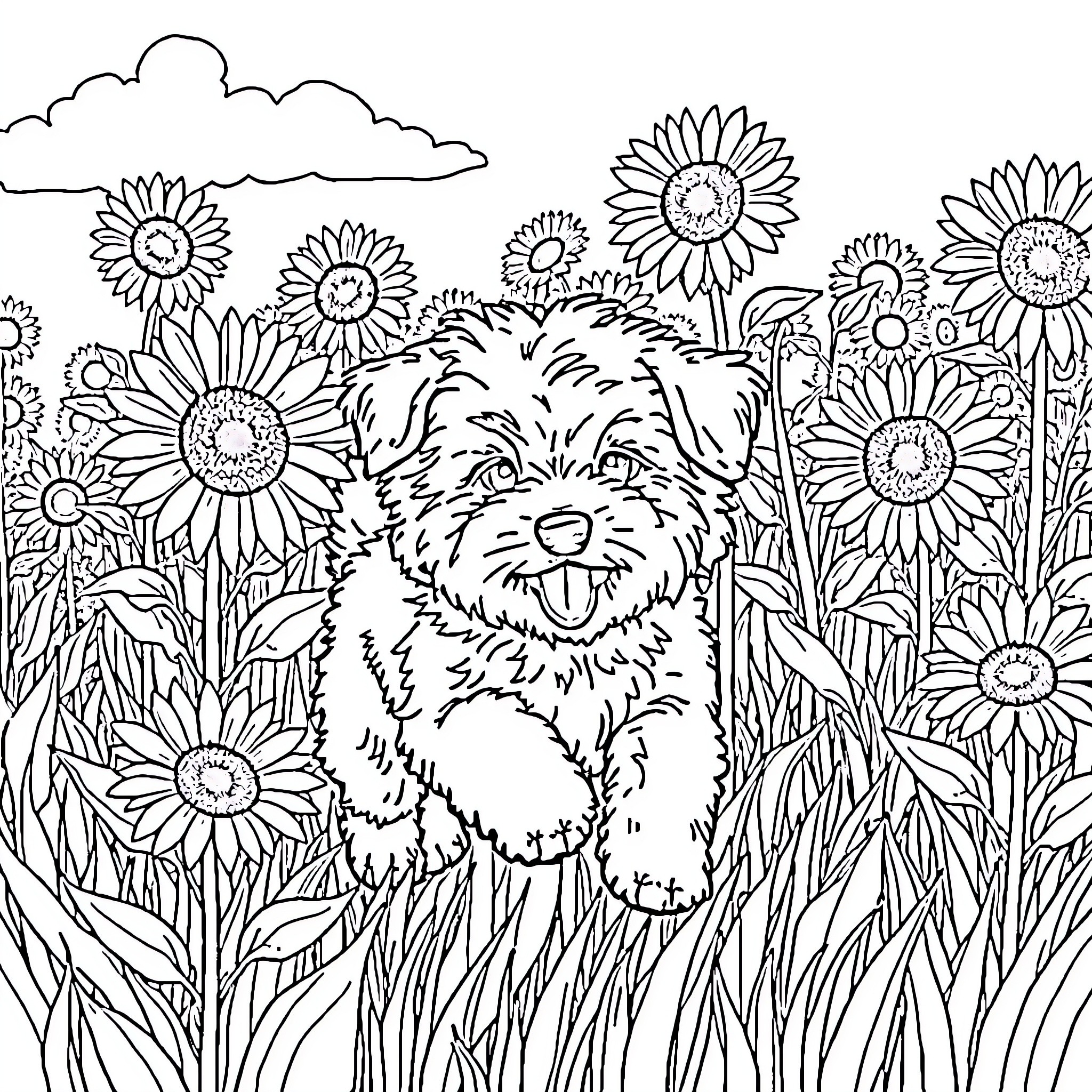 Cavoodle playing happily in a field of sunflowers Coloring Page (free black-and-white line drawing printable PDF for all, from beginners to advanced learners, including children, teens, adults, and seniors)