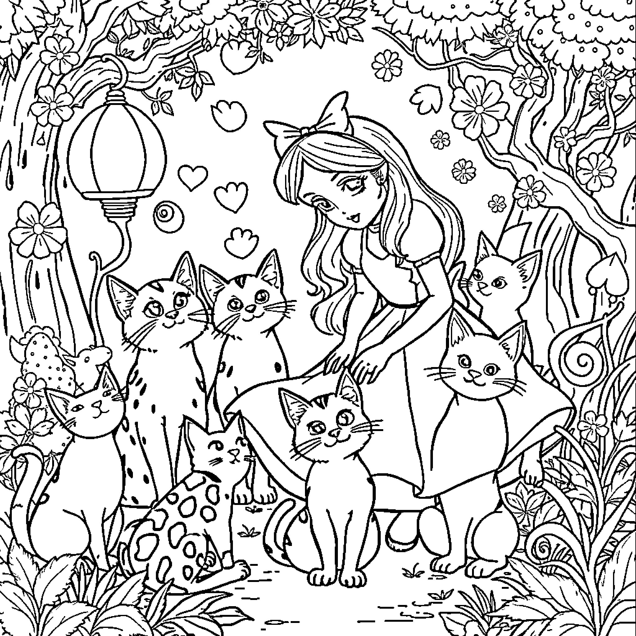 Cat and her friends explore the enchanted forest Coloring Page (free black-and-white line drawing printable PDF for all, from beginners to advanced learners, including children, teens, adults, and seniors)