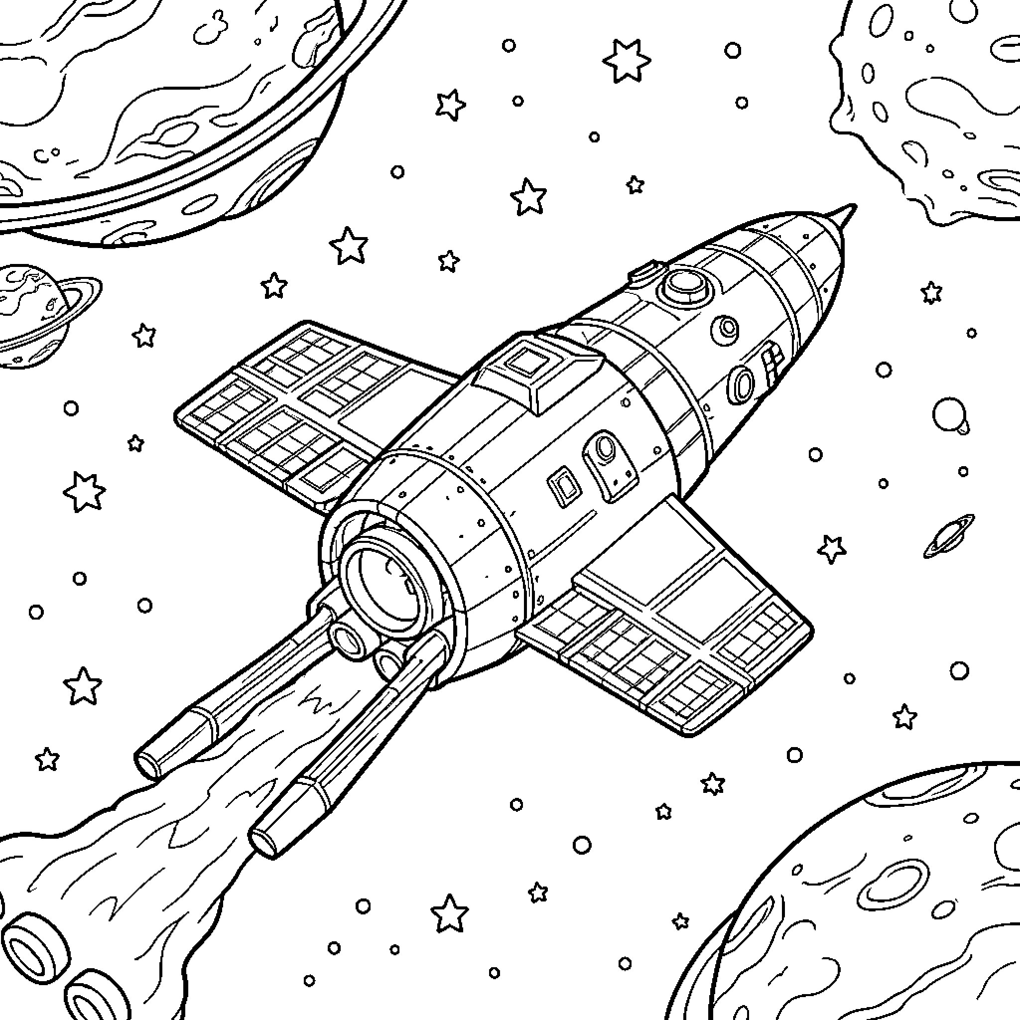 Spaceship traveling through a vast galaxy of planets and stars Coloring Page (free black-and-white line drawing printable PDF for all, from beginners to advanced learners, including children, teens, adults, and seniors)