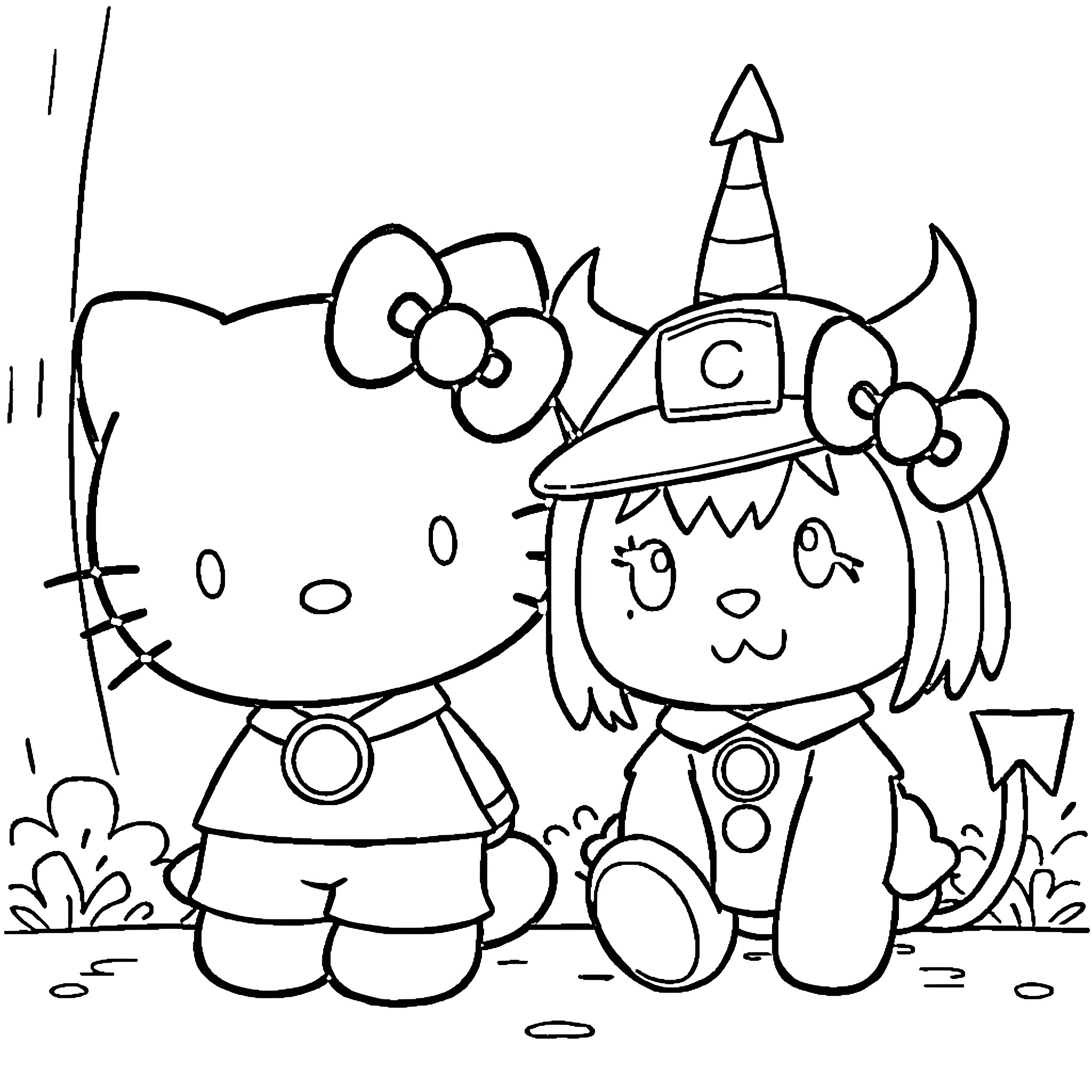 Hello Kitty and Monster Friend Adventure Coloring Page (free black-and-white line drawing printable PDF for all, from beginners to advanced learners, including children, teens, adults, and seniors)