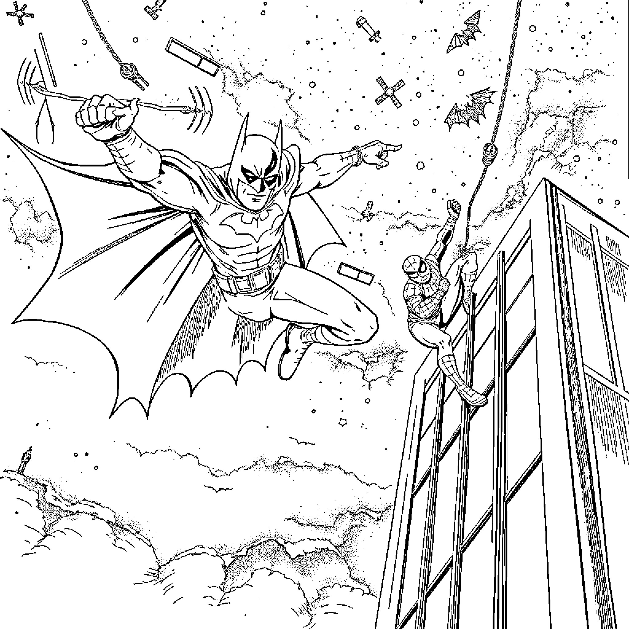 Batman soaring through the city skyline Coloring Page (free black-and-white line drawing printable PDF for all, from beginners to advanced learners, including children, teens, adults, and seniors)