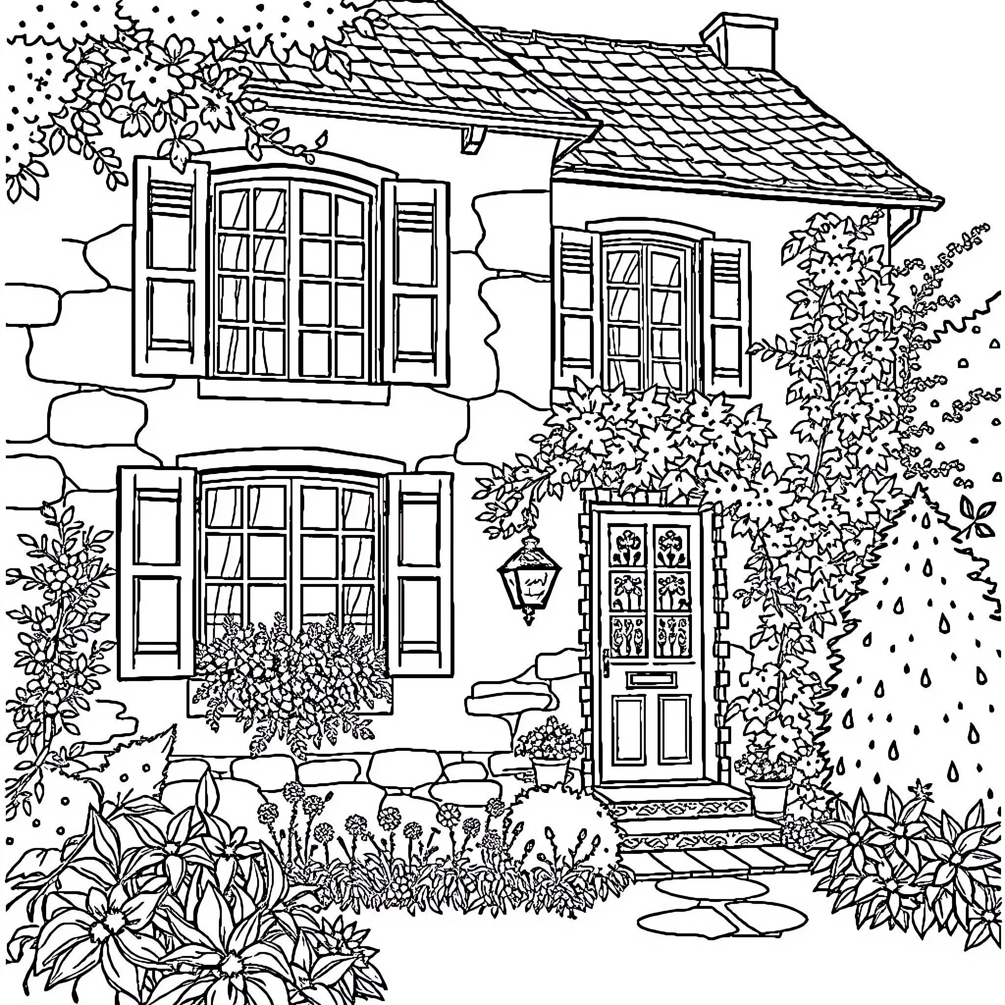 House with cozy garden and flowers Coloring Page (free black-and-white line drawing printable PDF for all, from beginners to advanced learners, including children, teens, adults, and seniors)