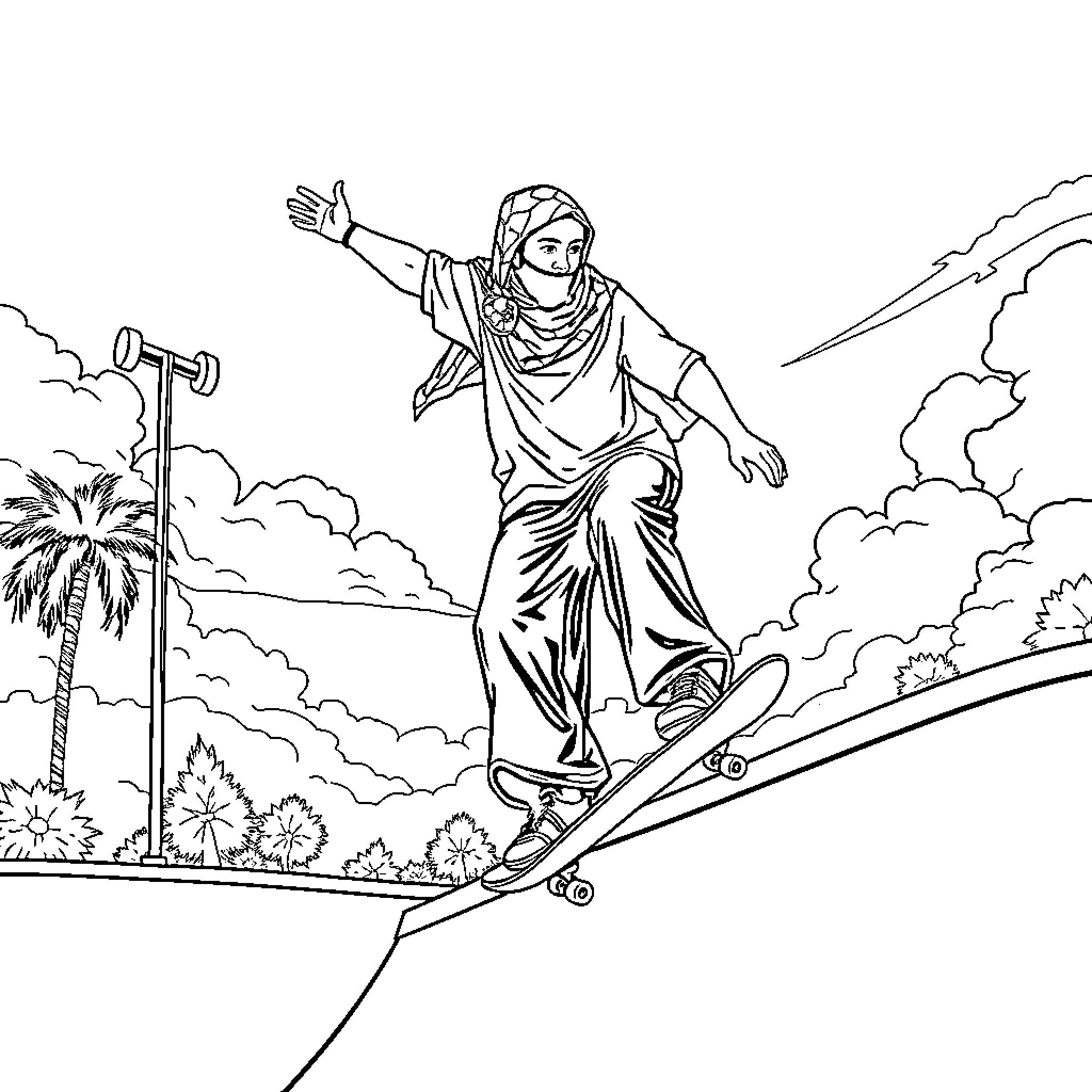Man skateboarding in nature with palm trees Coloring Page (free black-and-white line drawing printable PDF for all, from beginners to advanced learners, including children, teens, adults, and seniors)