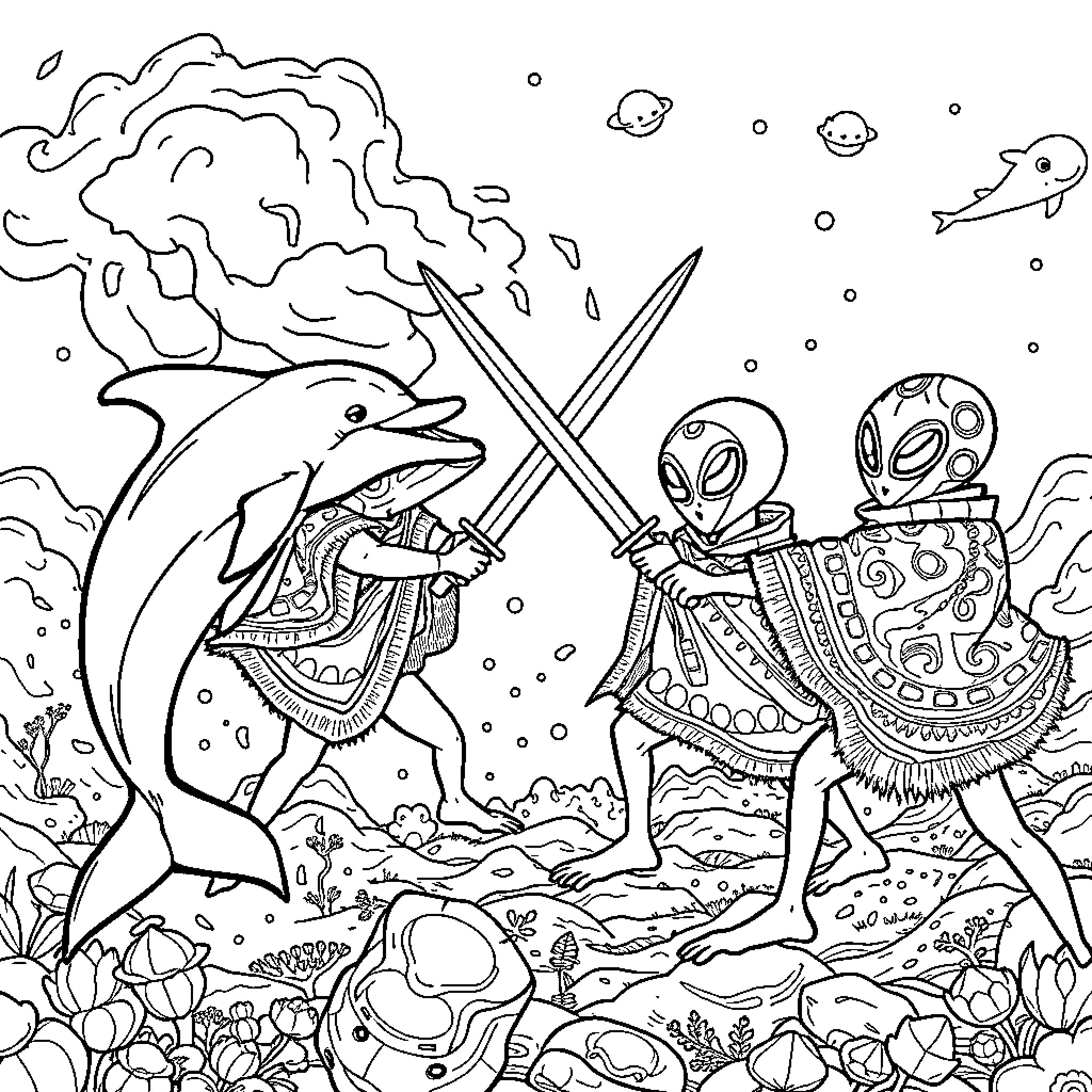 Dolphin and alien warriors in underwater battle Coloring Page (free black-and-white line drawing printable PDF for all, from beginners to advanced learners, including children, teens, adults, and seniors)