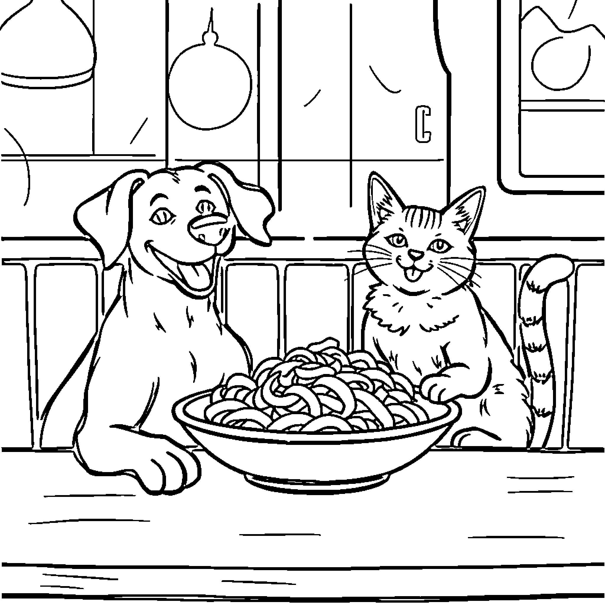 Dog and Cat Sharing a Meal Together Coloring Page (free black-and-white line drawing printable PDF for all, from beginners to advanced learners, including children, teens, adults, and seniors)