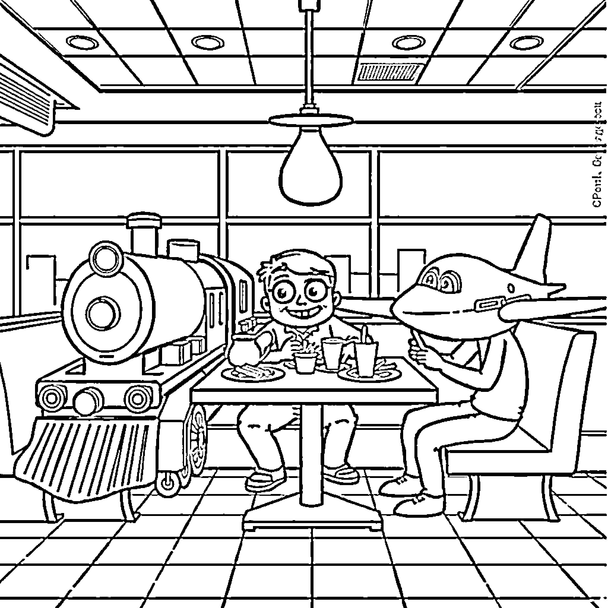 Train Enthusiasts Enjoying a Meal Together Coloring Page (free black-and-white line drawing printable PDF for all, from beginners to advanced learners, including children, teens, adults, and seniors)