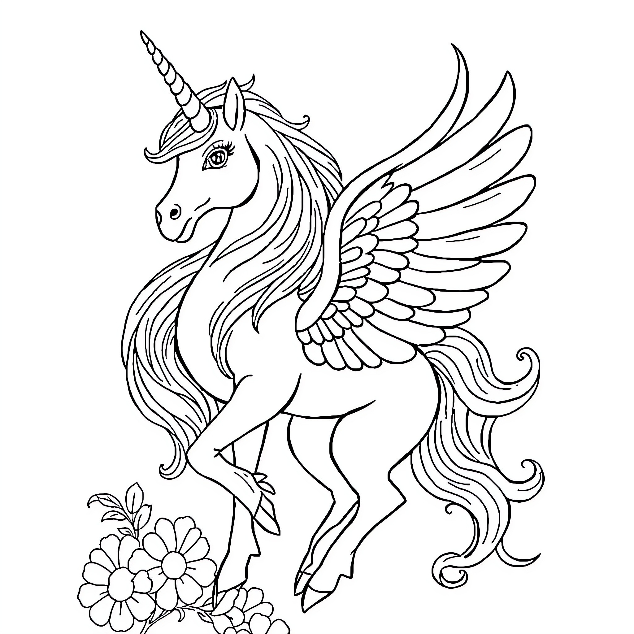 Unicorn with Majestic Wings and Flowers Coloring Page (free black-and-white line drawing printable PDF for all, from beginners to advanced learners, including children, teens, adults, and seniors)
