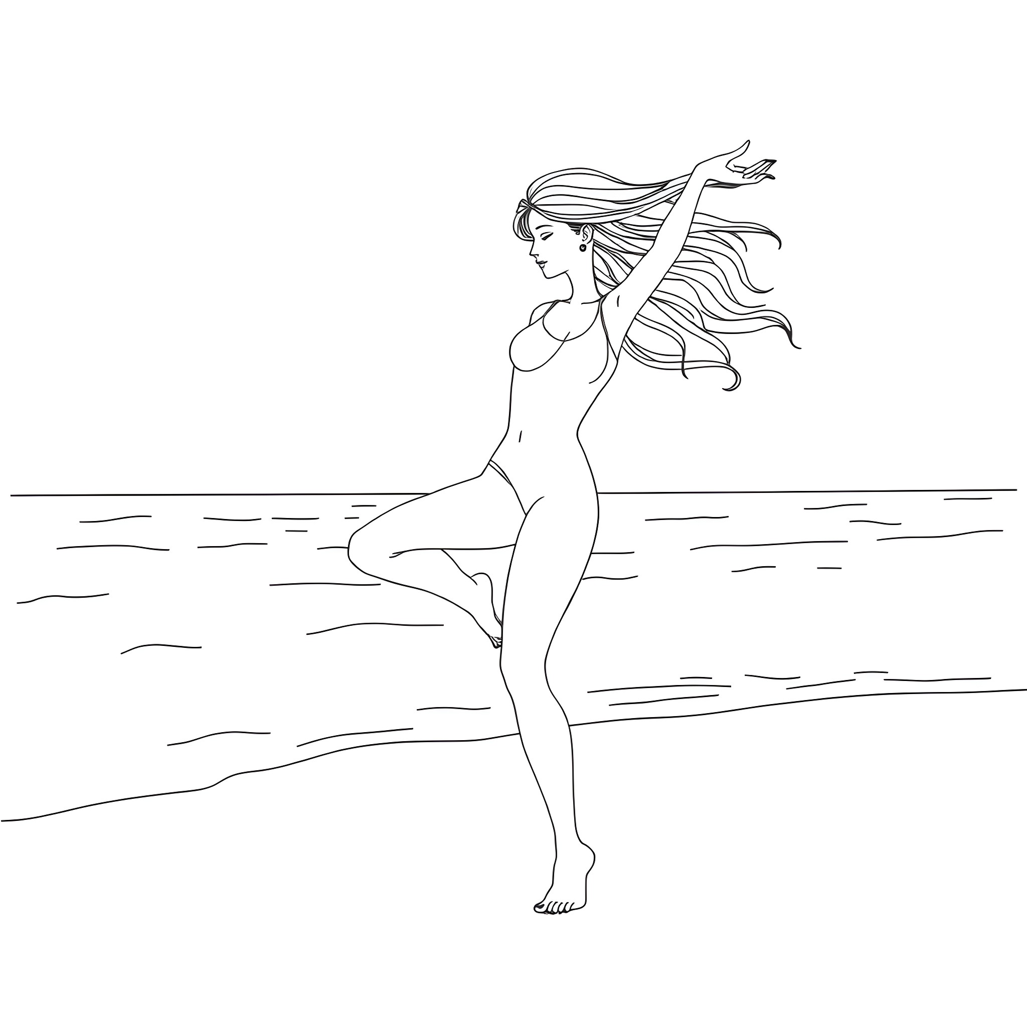 Woman in tranquil coastal scene Coloring Page (free black-and-white line drawing printable PDF for all, from beginners to advanced learners, including children, teens, adults, and seniors)