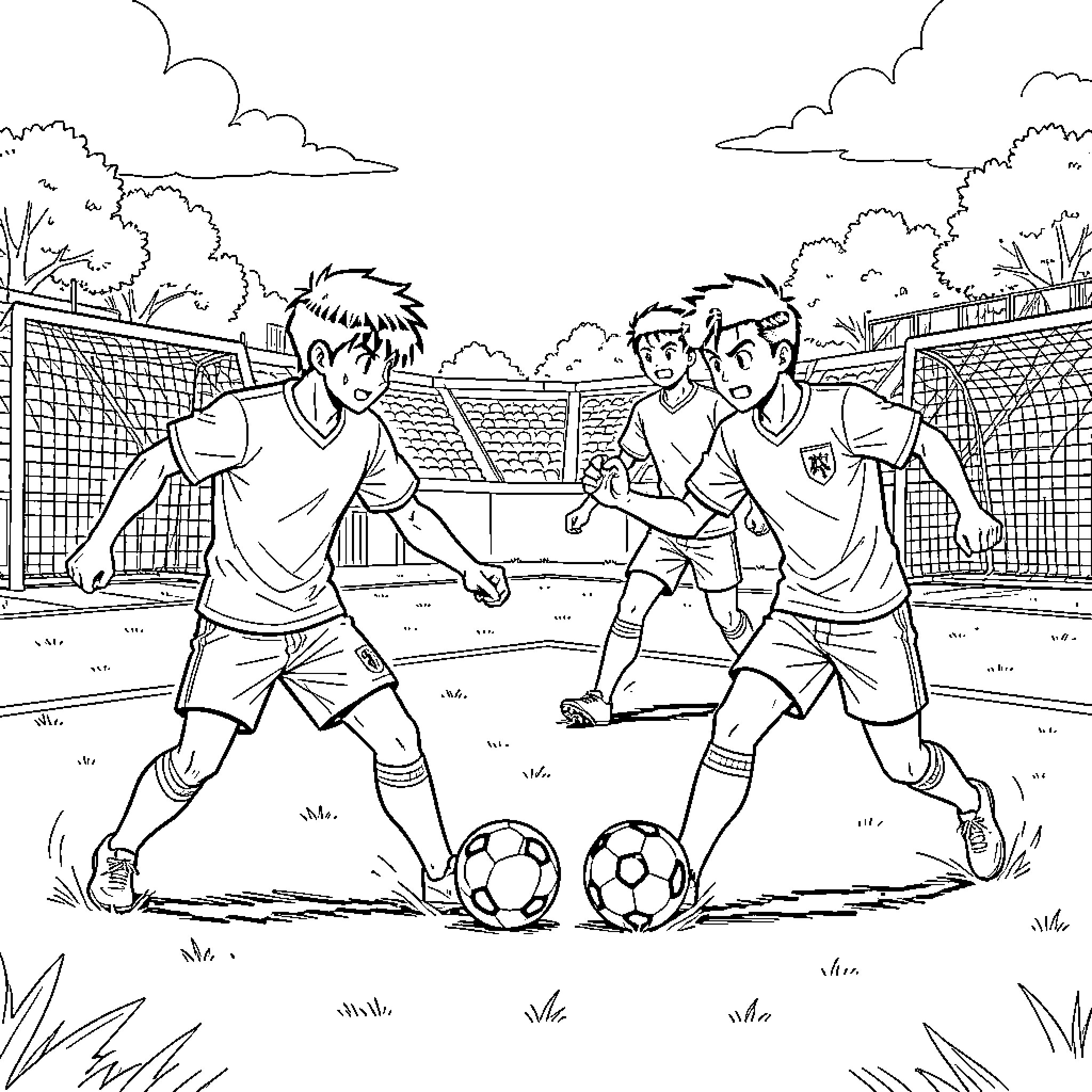 Manga characters playing a soccer match intensely Coloring Page (free black-and-white line drawing printable PDF for all, from beginners to advanced learners, including children, teens, adults, and seniors)