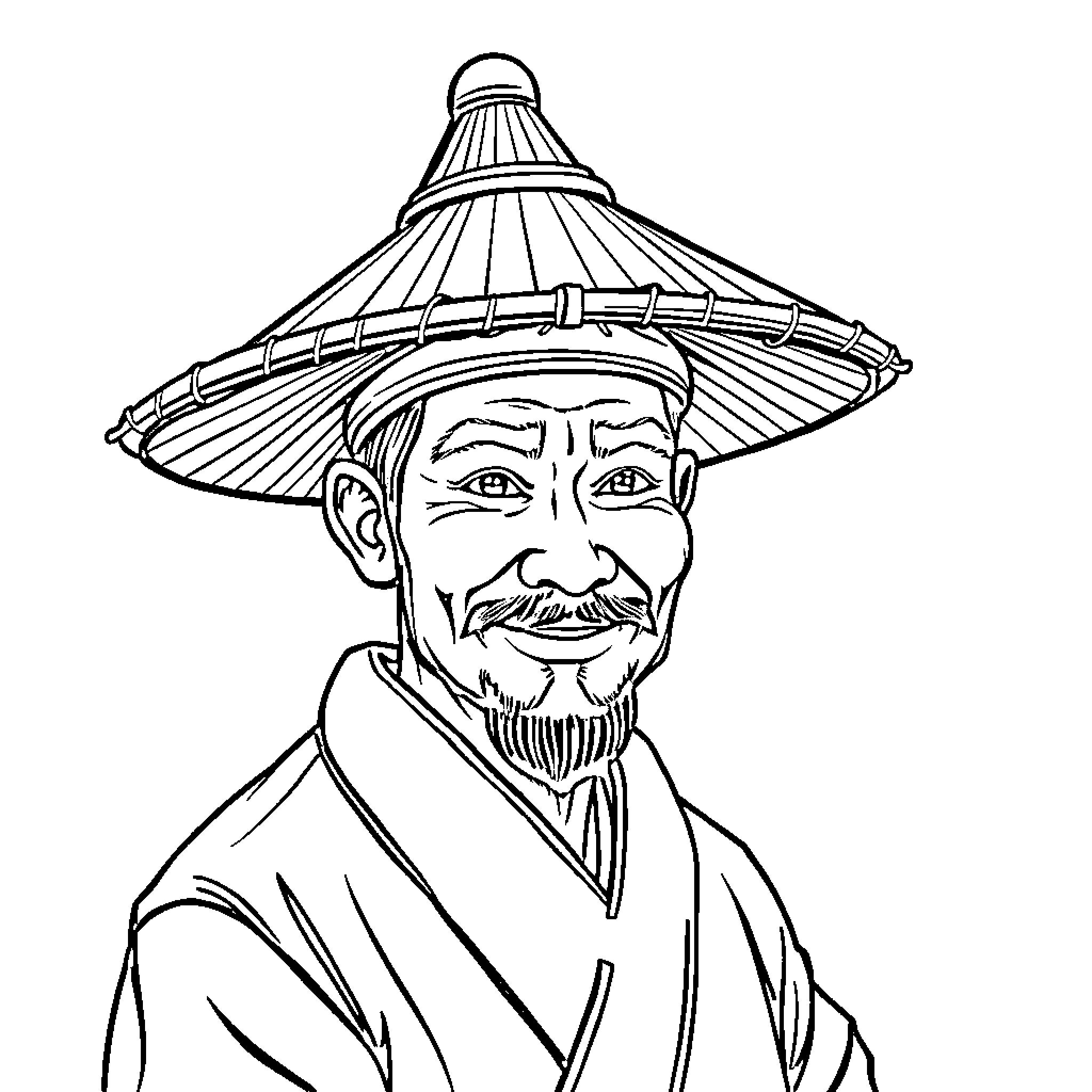 Japanese Man with Traditional Straw Hat and Clothing Coloring Page (free black-and-white line drawing printable PDF for all, from beginners to advanced learners, including children, teens, adults, and seniors)