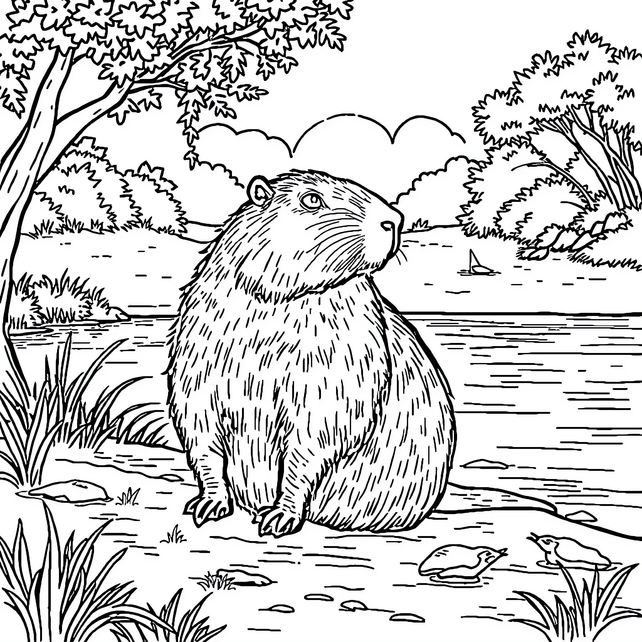 Capybara relaxing by the riverbank Coloring Page (free black-and-white line drawing printable PDF for all, from beginners to advanced learners, including children, teens, adults, and seniors)