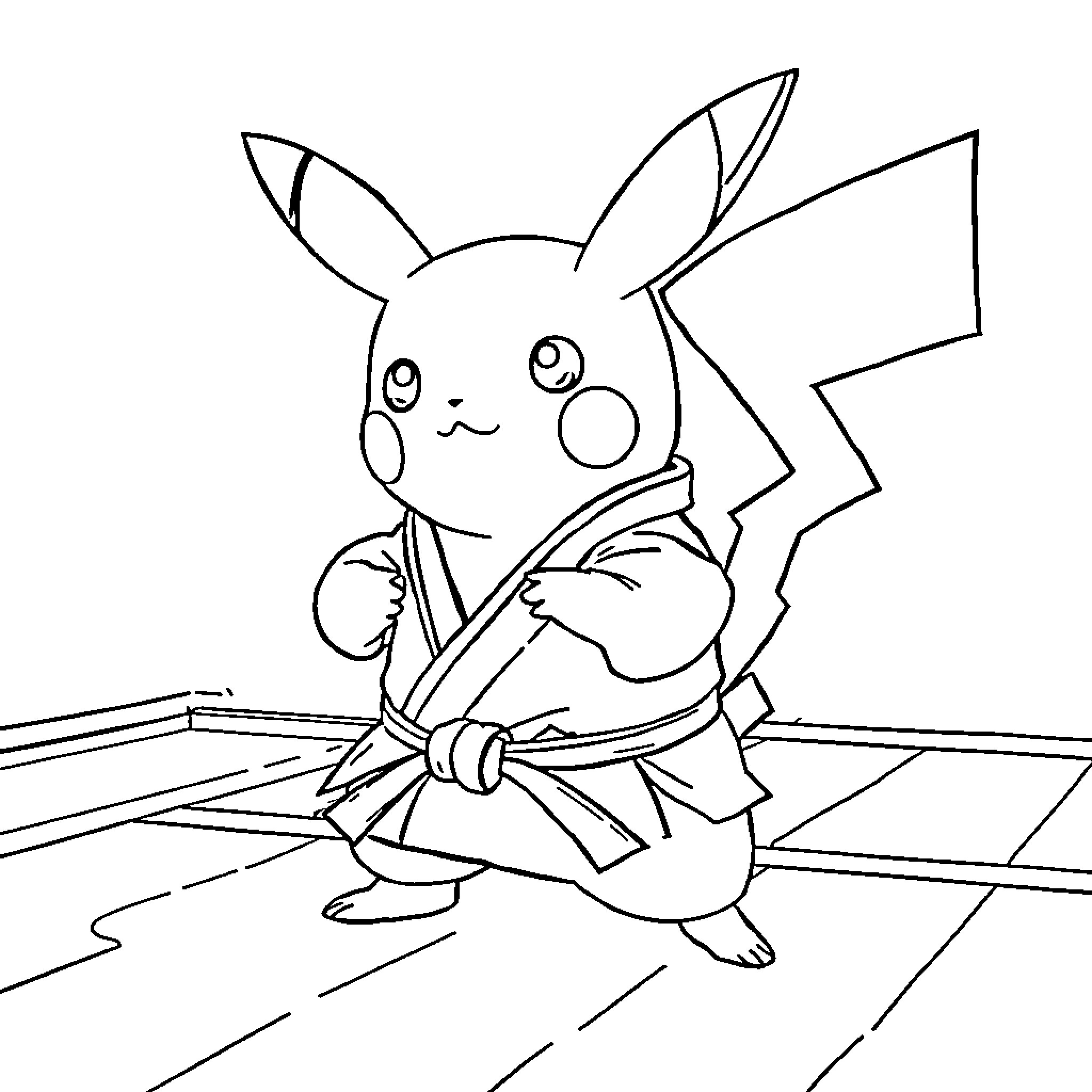 Pikachu practicing martial arts in a dojo Coloring Page (free black-and-white line drawing printable PDF for all, from beginners to advanced learners, including children, teens, adults, and seniors)