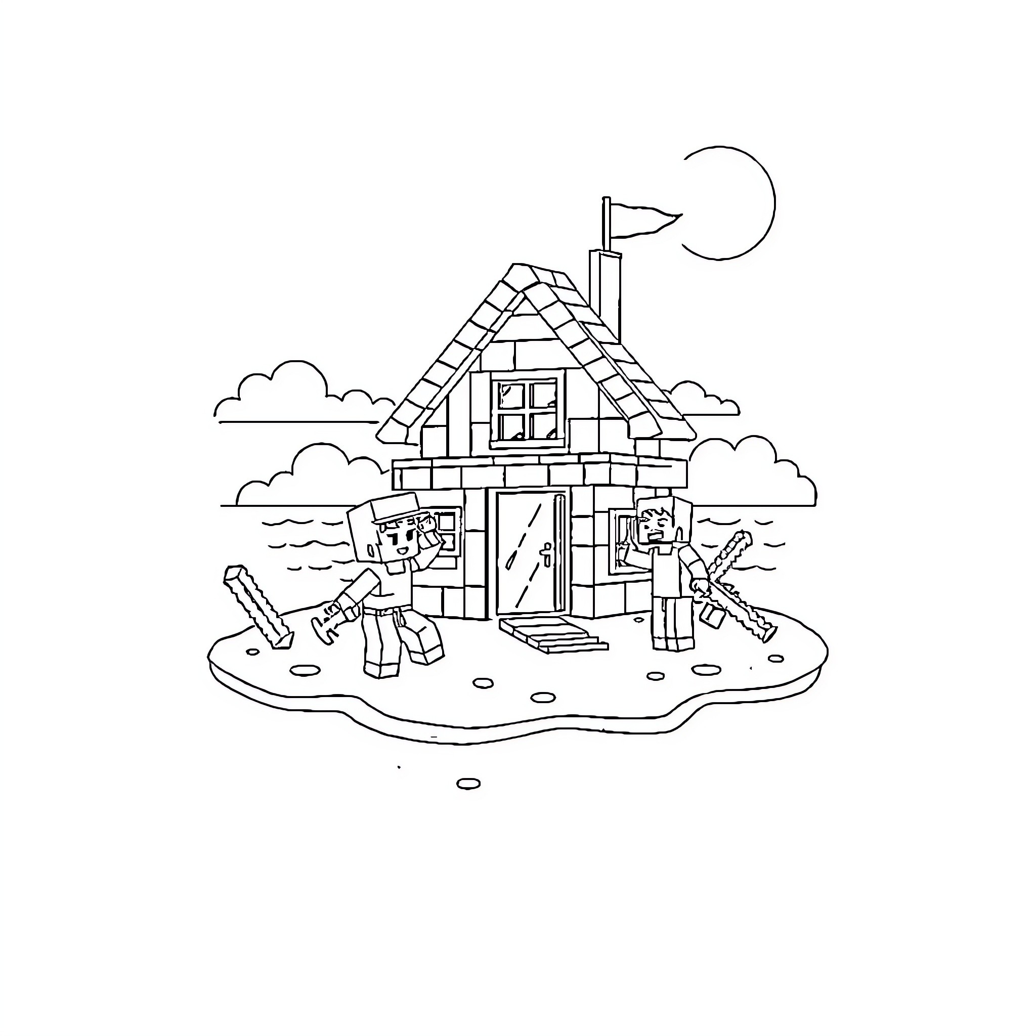 Minecraft characters exploring a wooden cabin Coloring Page (free black-and-white line drawing printable PDF for all, from beginners to advanced learners, including children, teens, adults, and seniors)