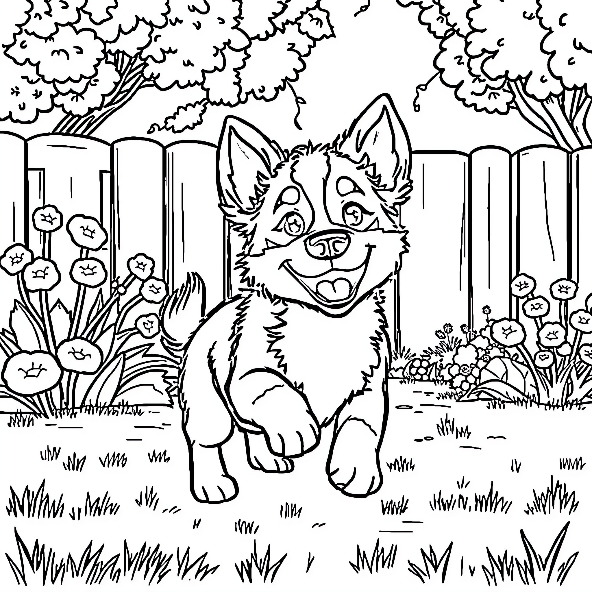 Bluey playing happily in the garden Coloring Page (free black-and-white line drawing printable PDF for all, from beginners to advanced learners, including children, teens, adults, and seniors)