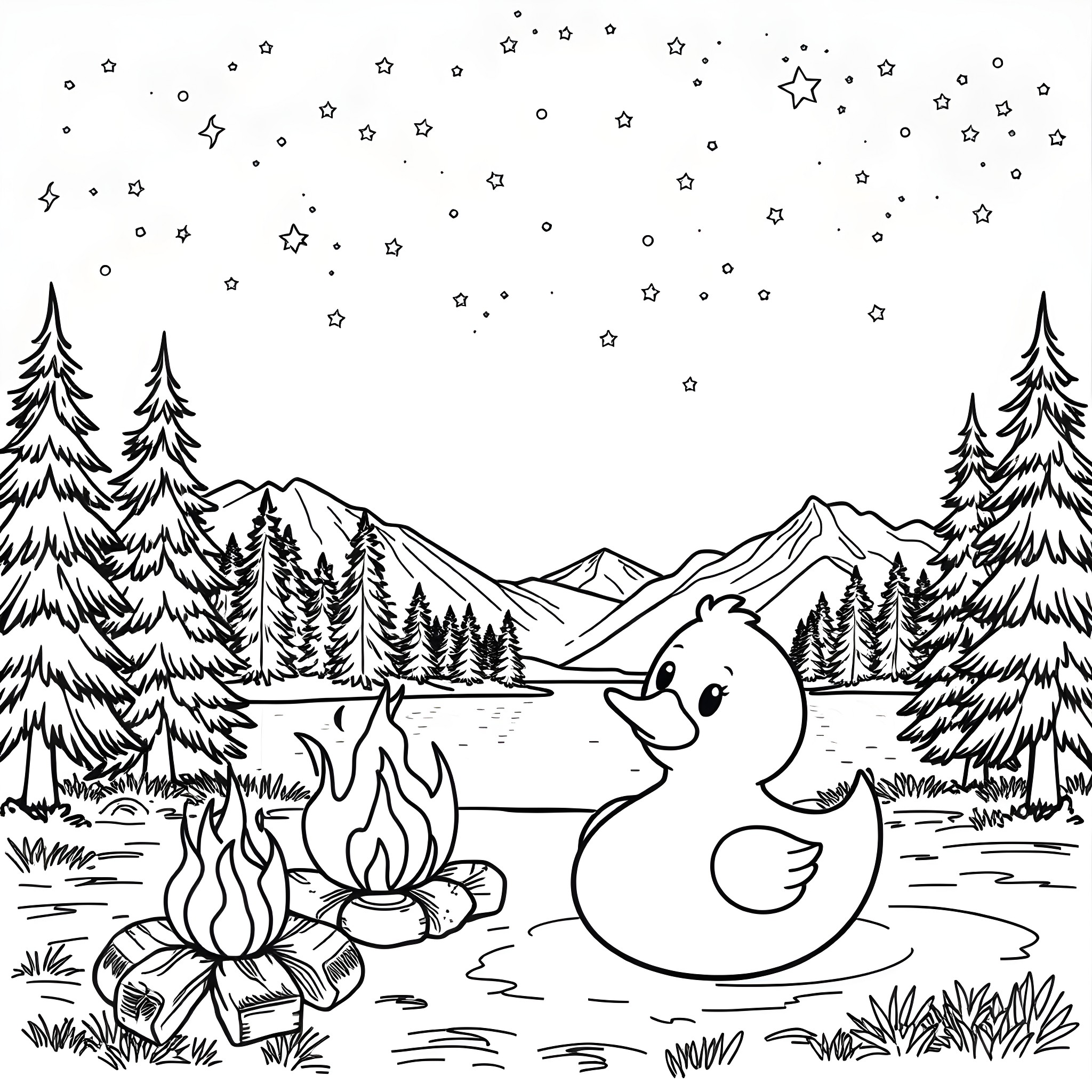 Rubber Duck enjoying a campfire in the mountains Coloring Page (free black-and-white line drawing printable PDF for all, from beginners to advanced learners, including children, teens, adults, and seniors)