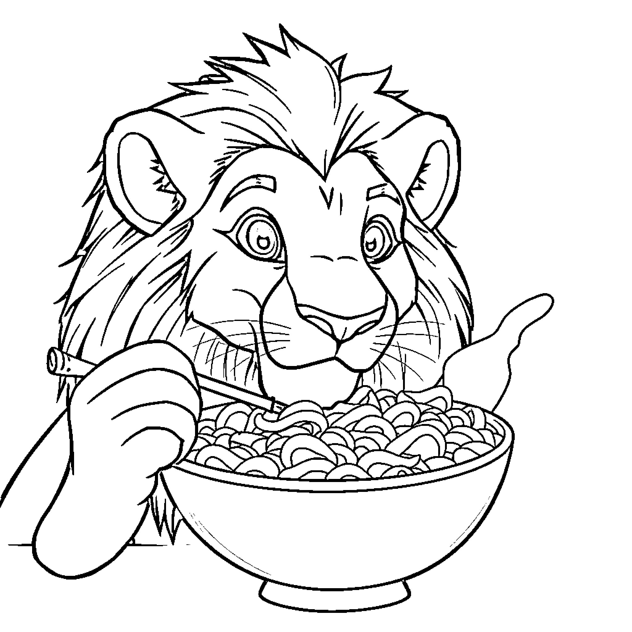 Simbaa enjoying a hearty meal Coloring Page (free black-and-white line drawing printable PDF for all, from beginners to advanced learners, including children, teens, adults, and seniors)