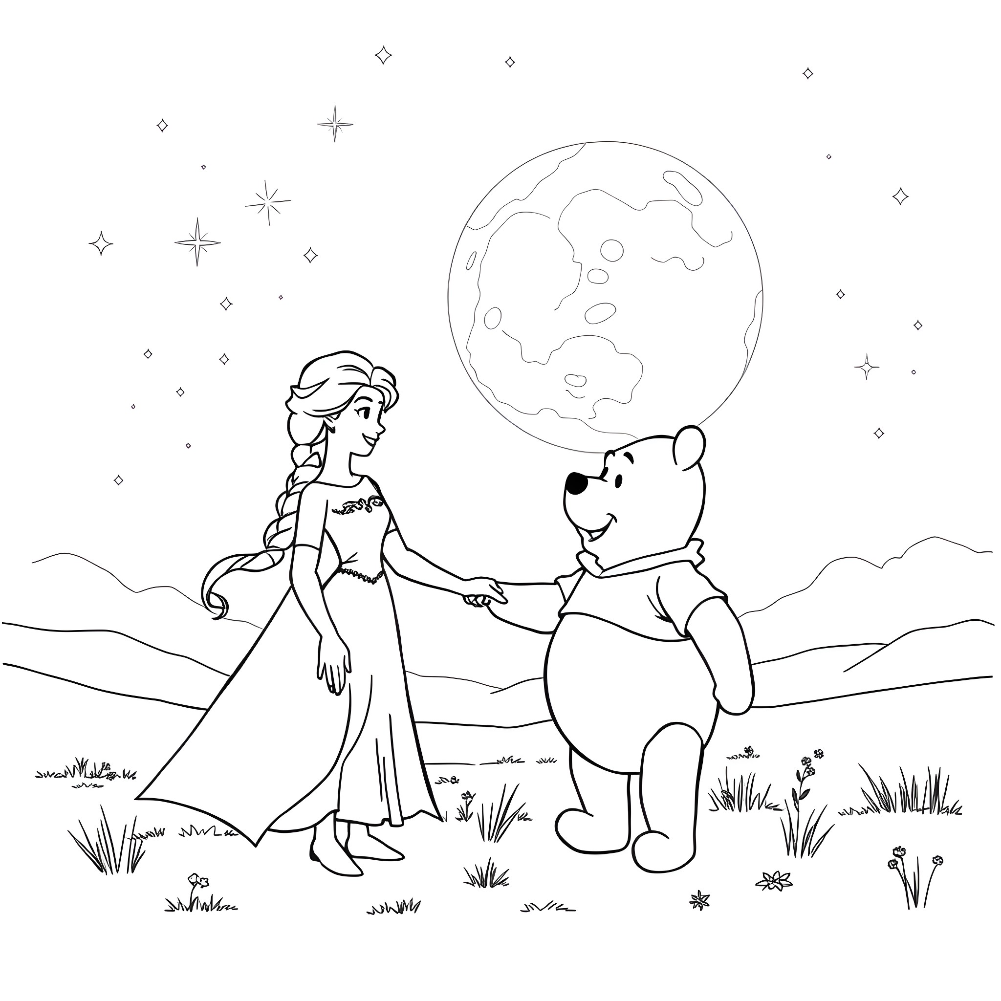 Elsa's Starry Night with Winnie the Pooh Coloring Page (free black-and-white line drawing printable PDF for all, from beginners to advanced learners, including children, teens, adults, and seniors)